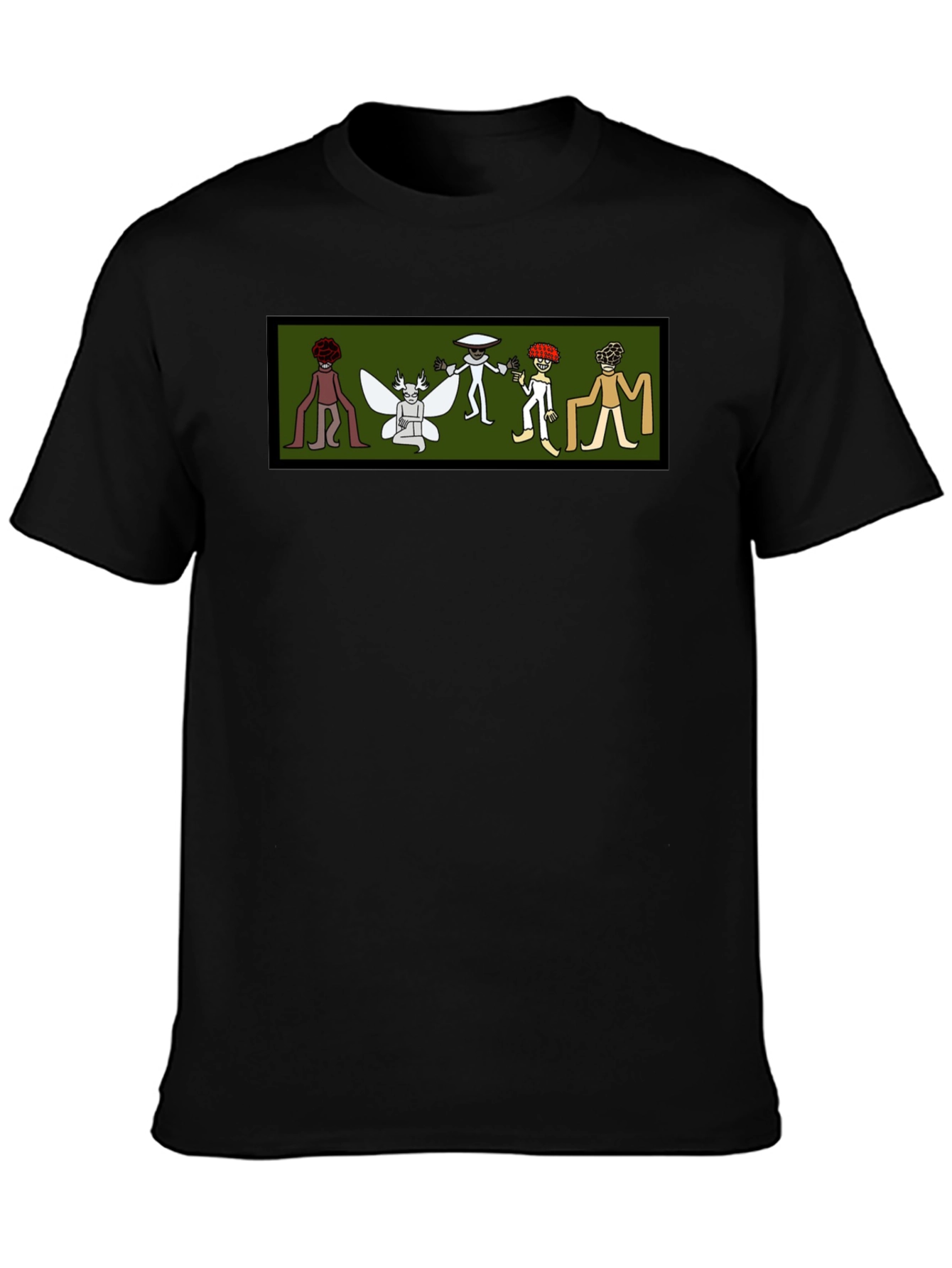 Black Tee with Cartoon Cryptid Design