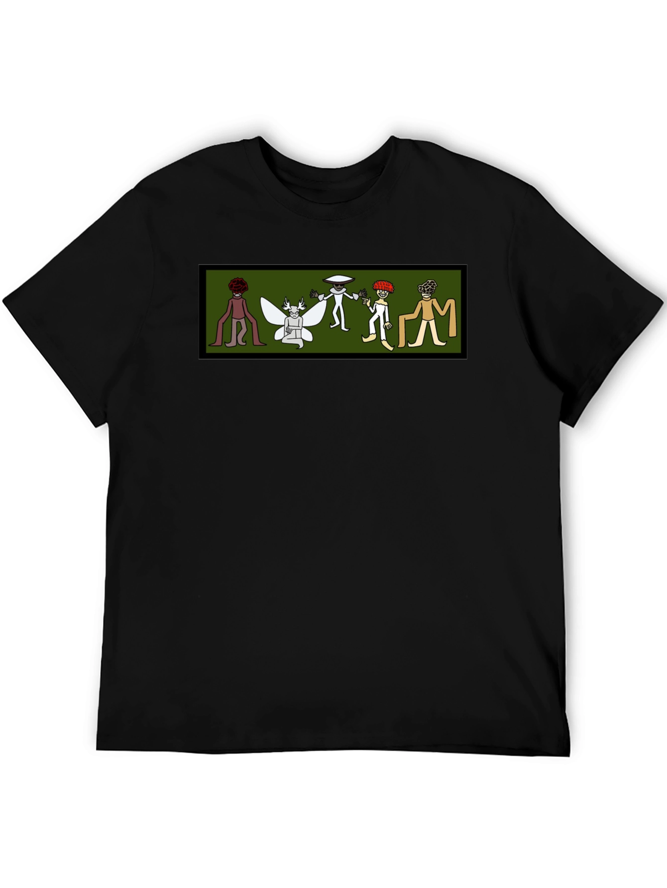 Black Tee with Cartoon Cryptid Design