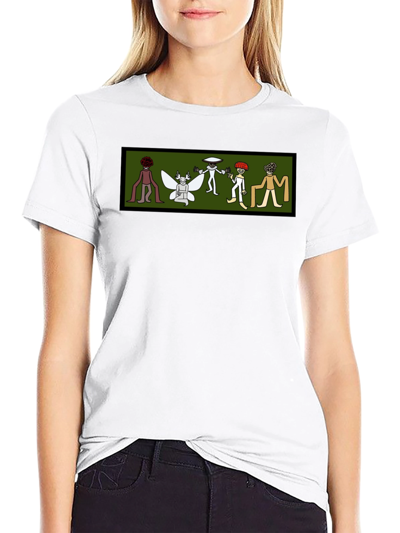 Black Tee with Cartoon Cryptid Design