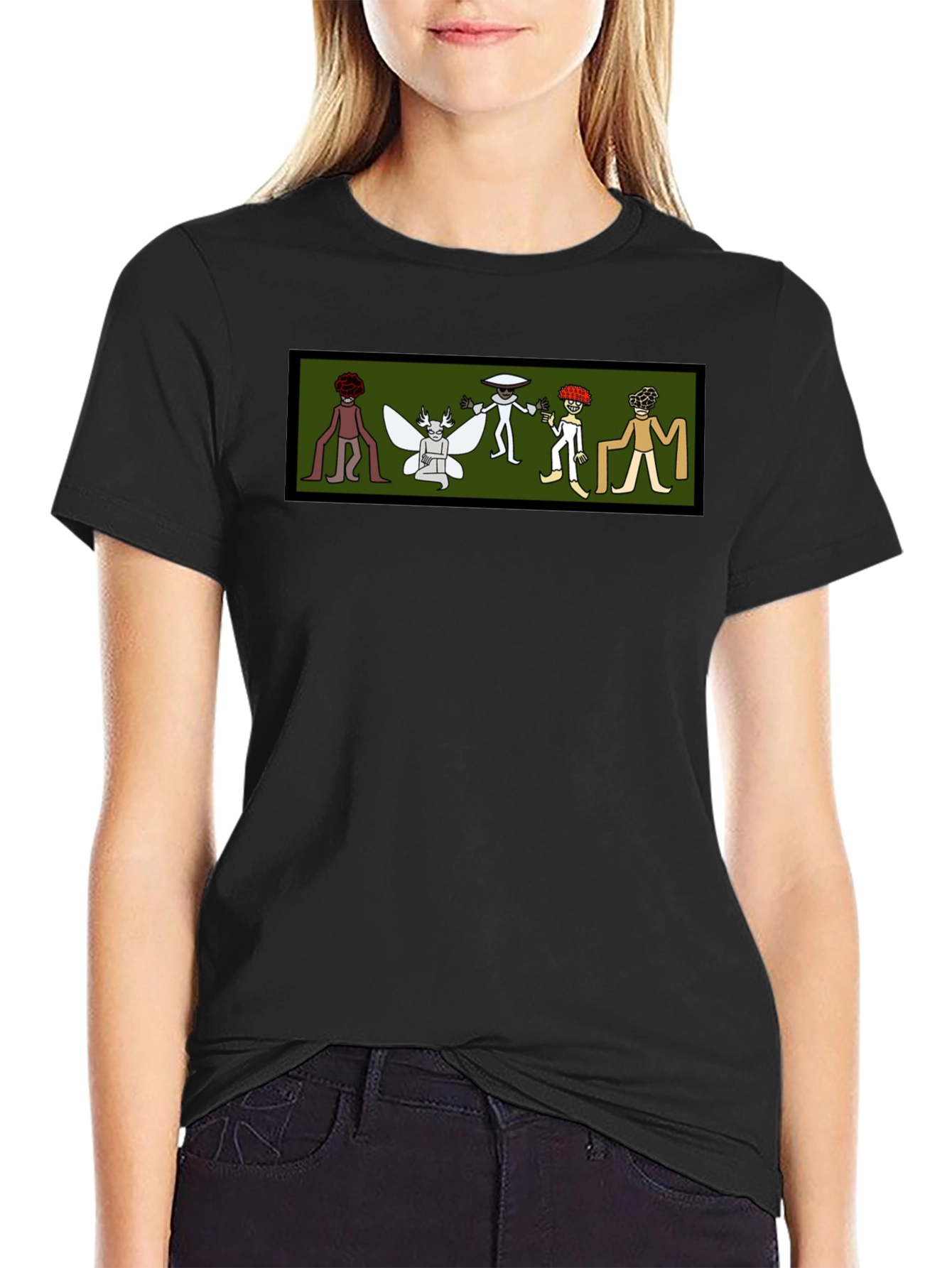 Black Tee with Cartoon Cryptid Design