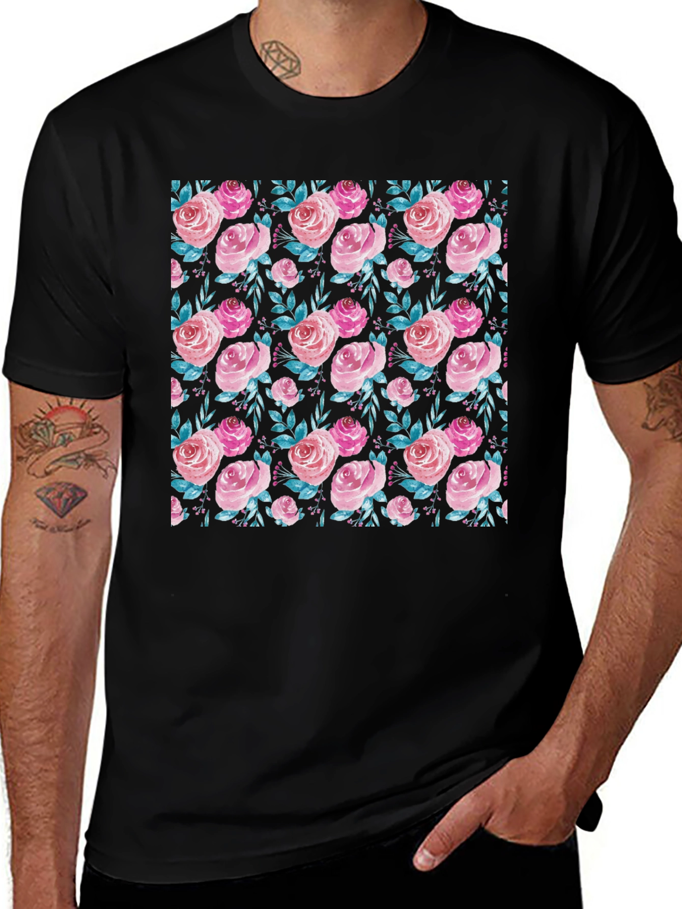 Floral Rose Print Crew Neck T-Shirt