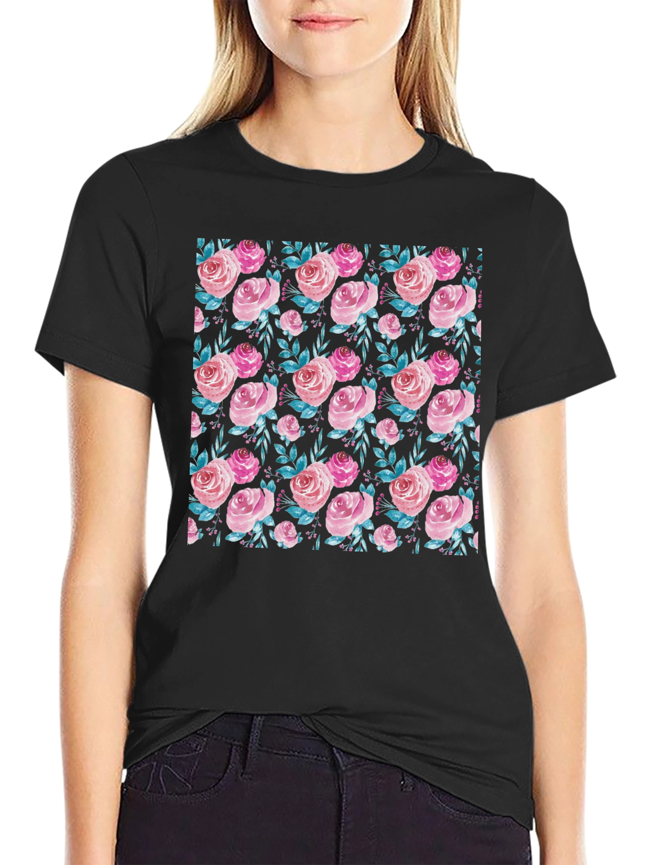 Floral Rose Print Crew Neck T-Shirt