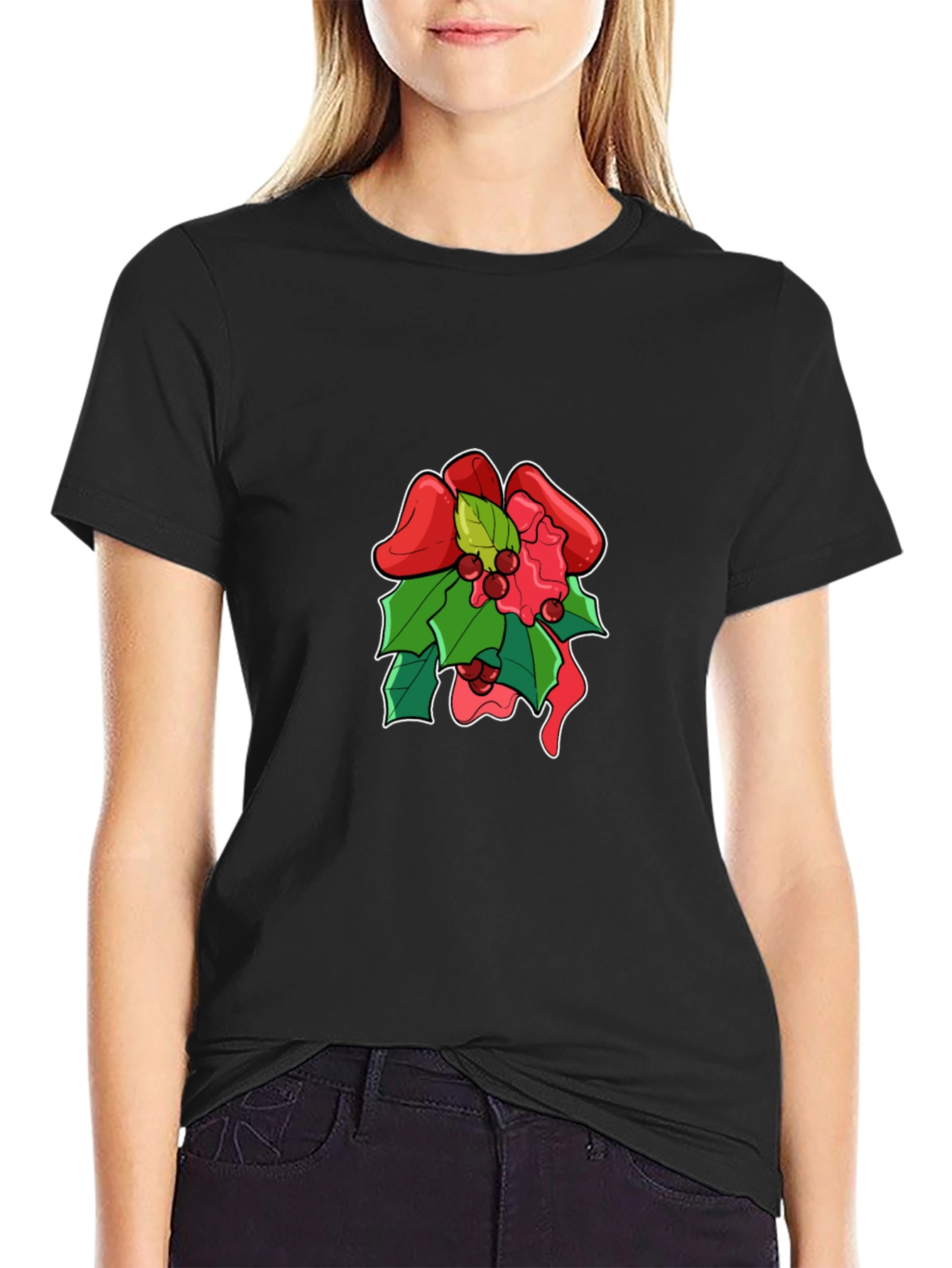 Festive Holiday Bow Graphic Tee - Black