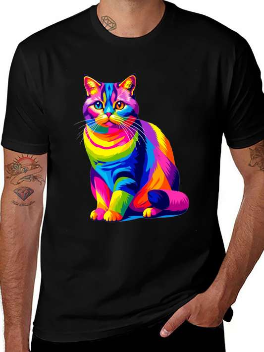 Colorful Cat Graphic Black T-Shirt