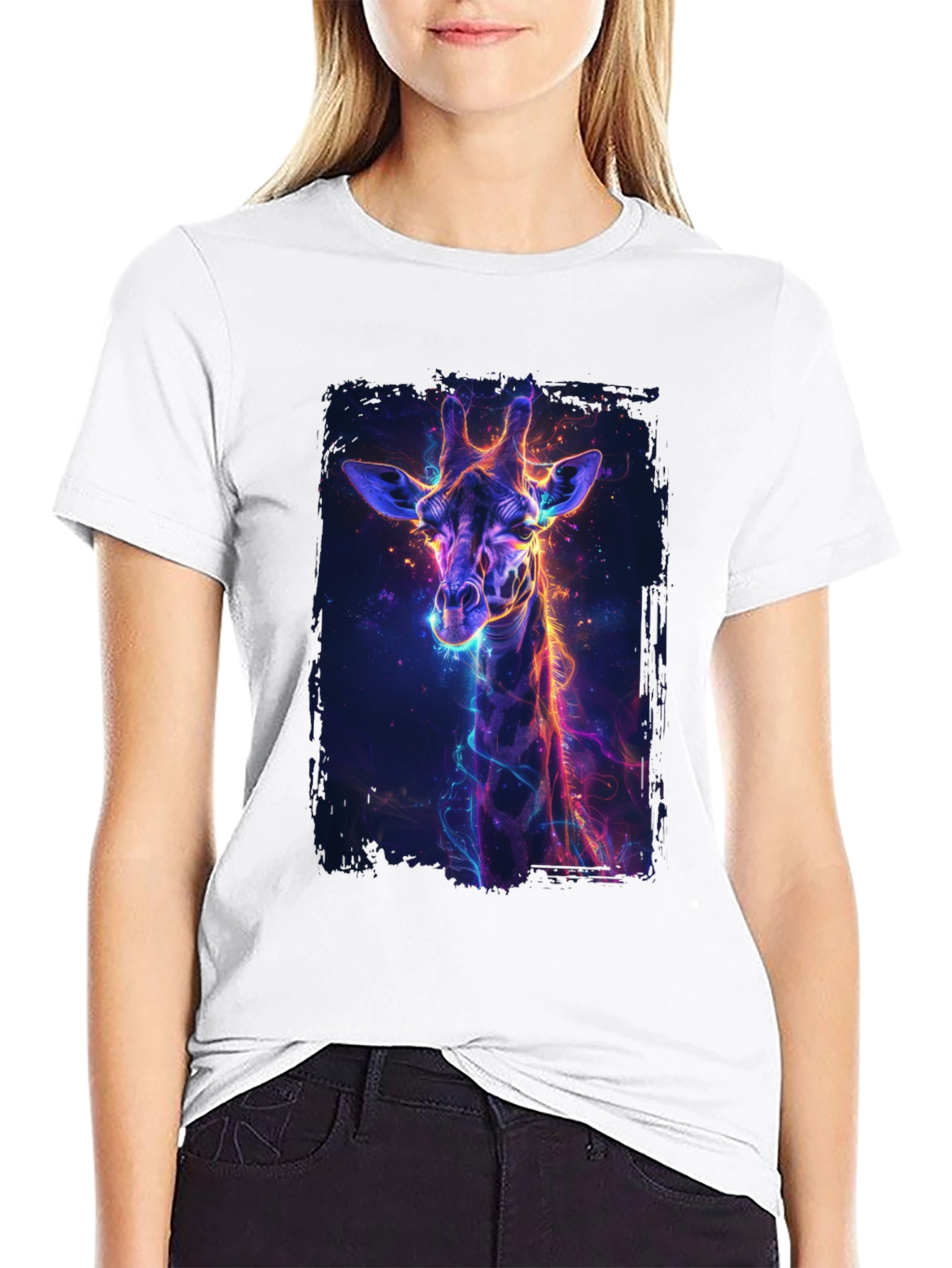 Neon Giraffe Graphic Black T-Shirt