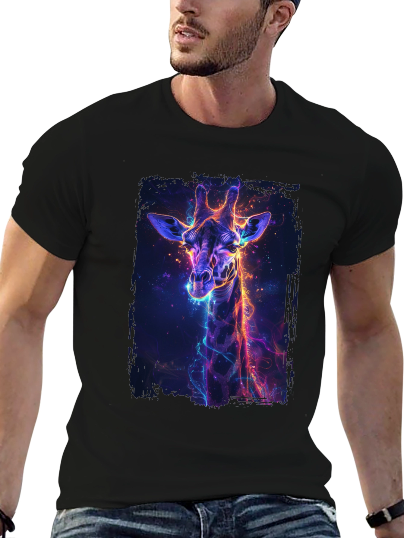 Neon Giraffe Graphic Black T-Shirt