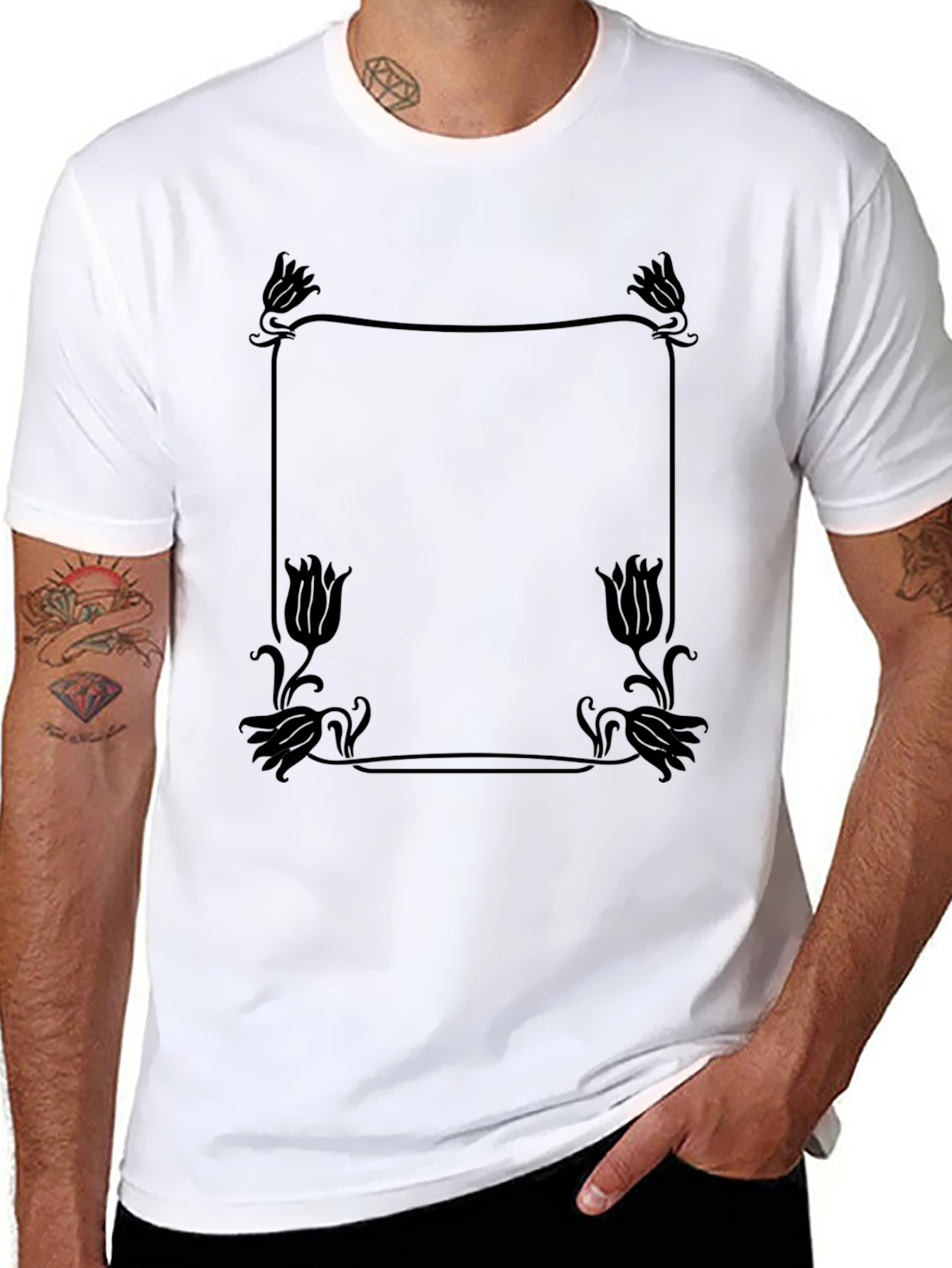 Elegant Floral Frame Tee - Stylish Black T-Shirt