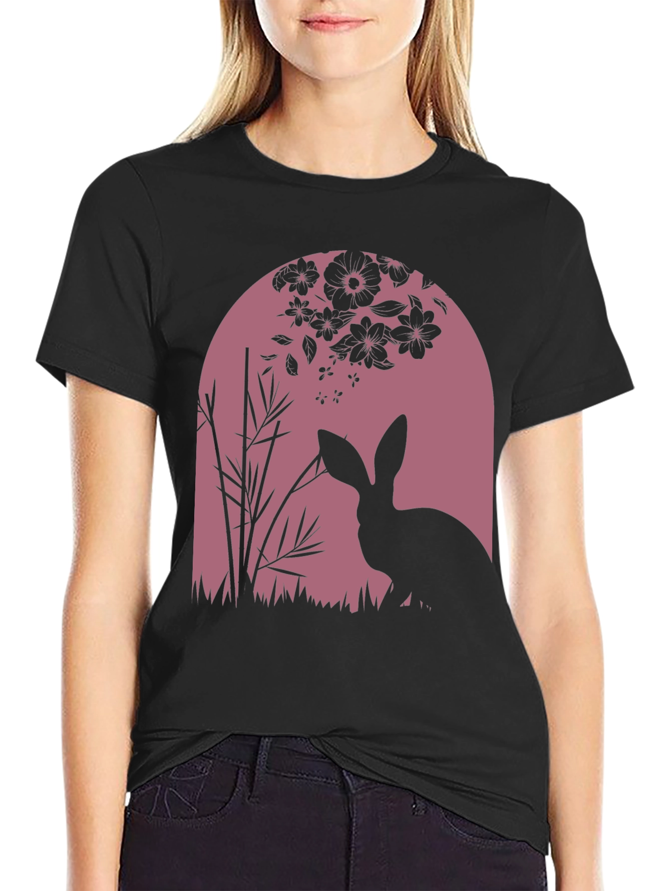 Nature Rabbit Graphic Tee - Black Cotton Blend Shirt
