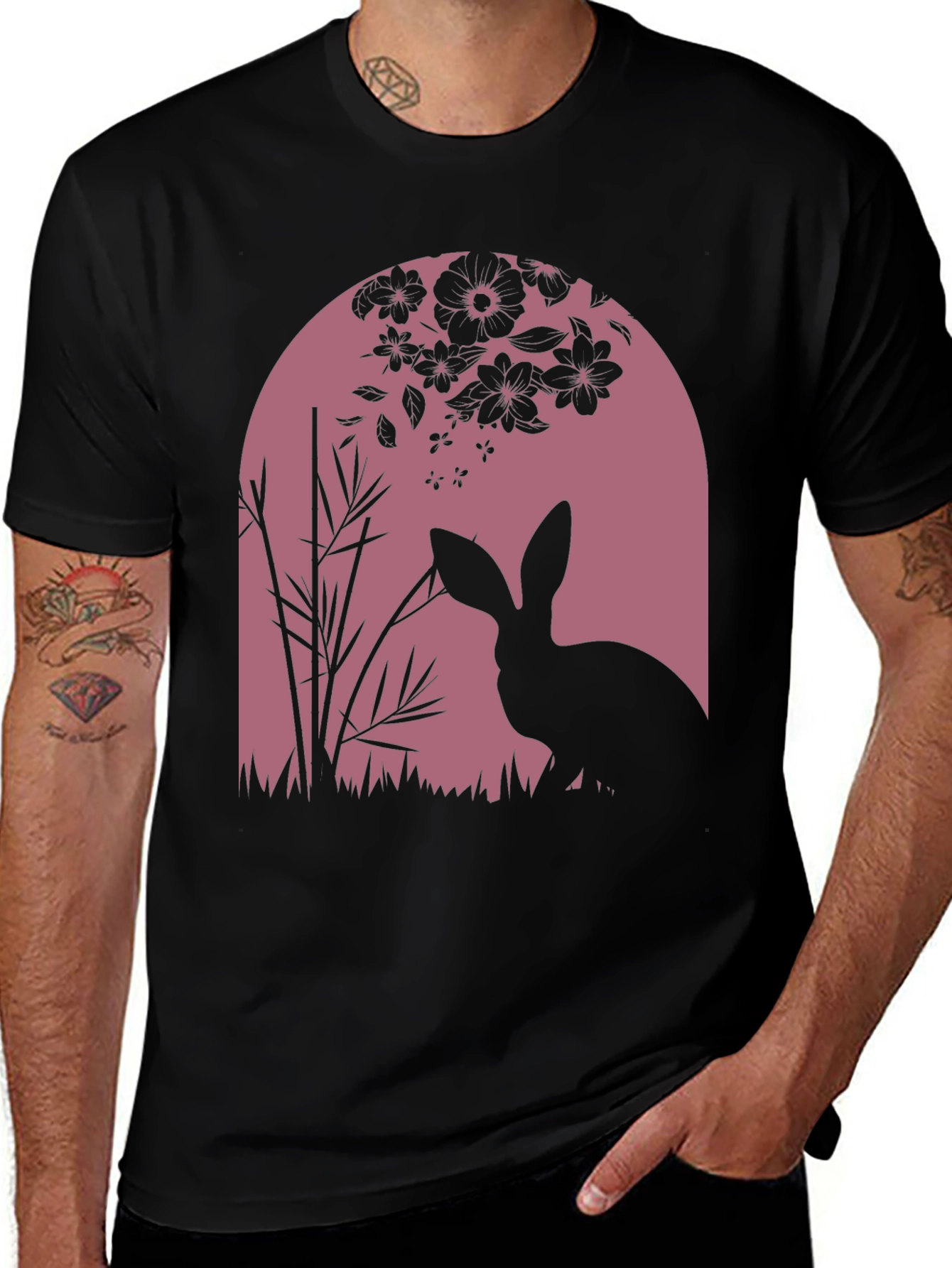Nature Rabbit Graphic Tee - Black Cotton Blend Shirt