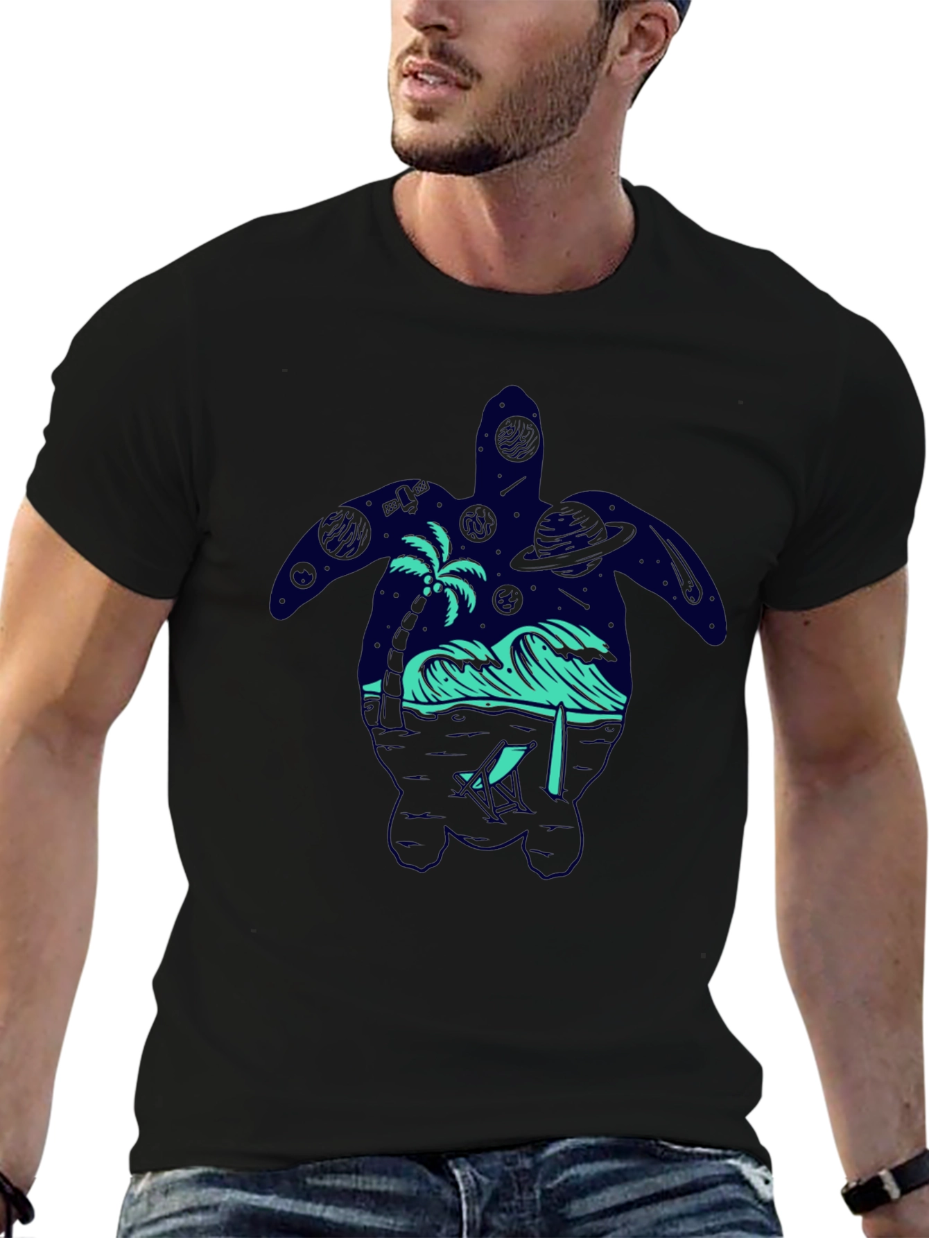Turtle Galaxy T-Shirt Space Ocean Design Black Tee
