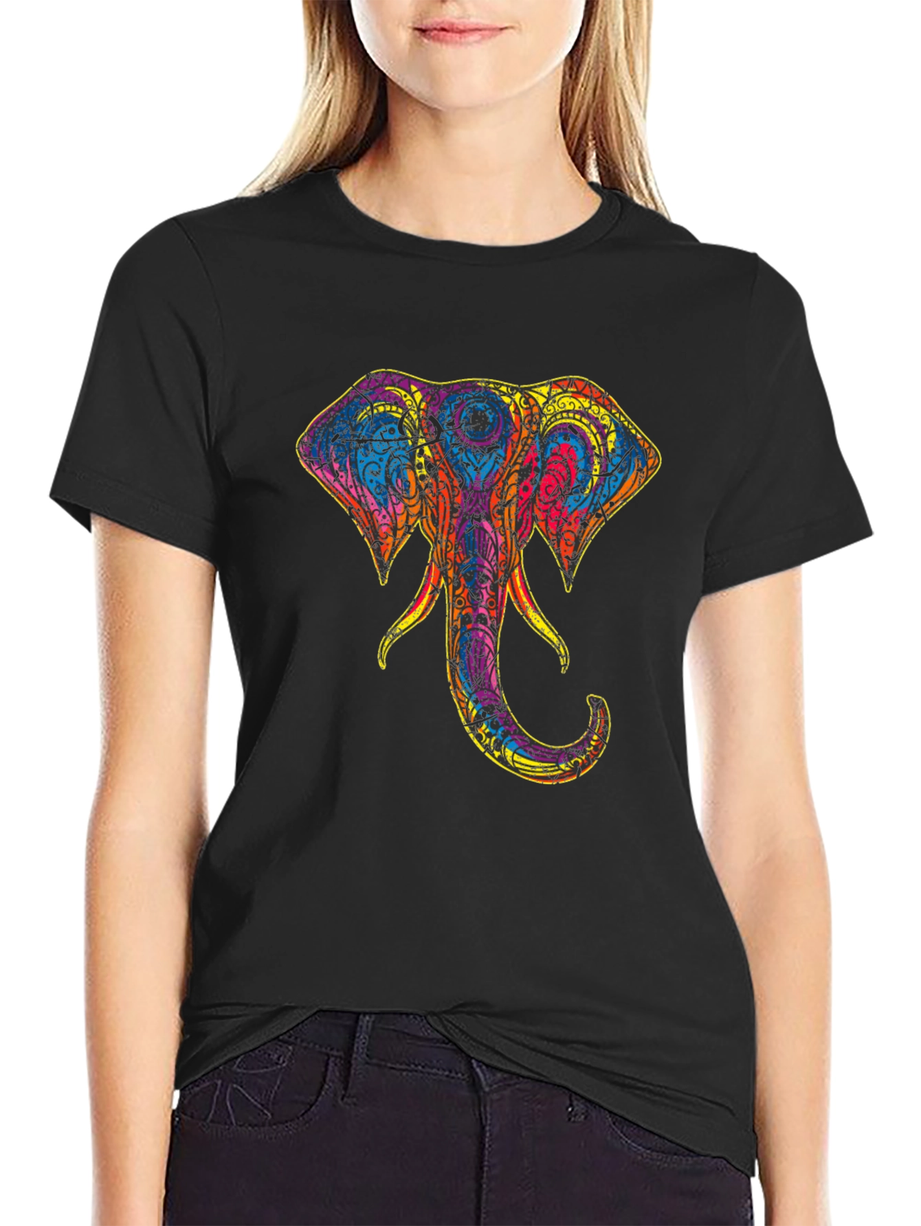 Elephant Head Graphic Print Tee - Stylish Black T-Shirt
