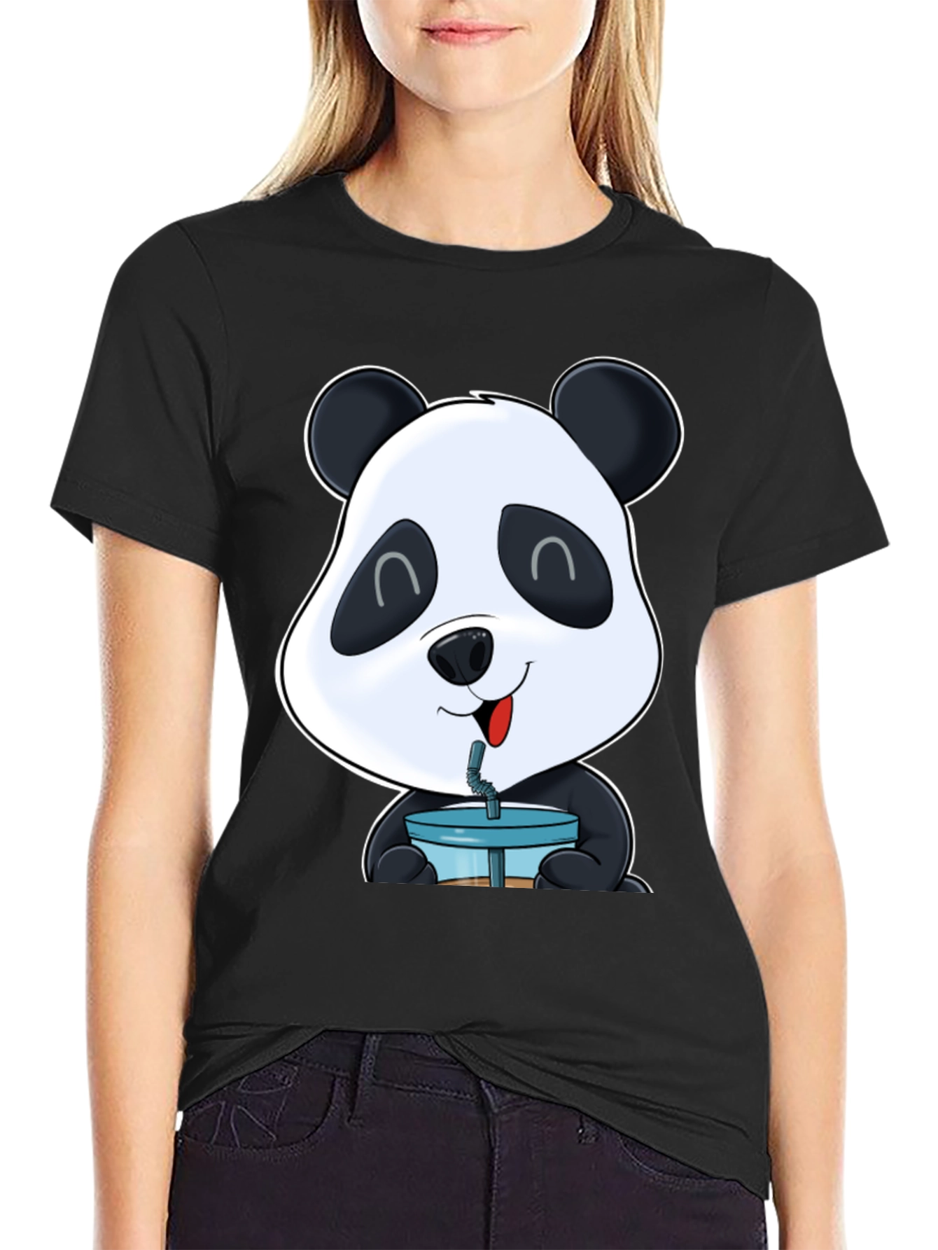 Cute Panda Boba T-Shirt - Casual Black Tee
