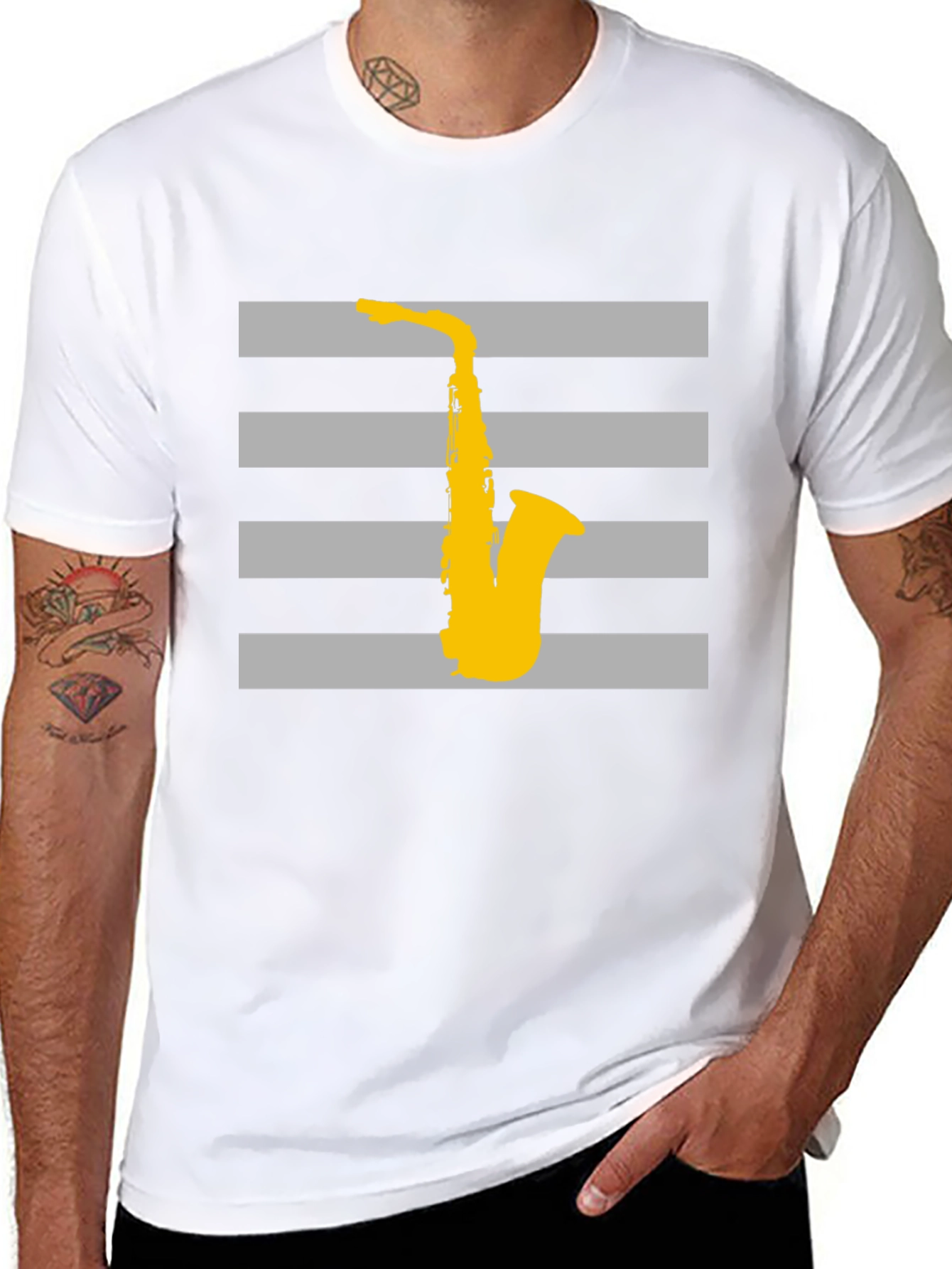Striped Saxophone Graphic T-Shirt - Cool Music Lover Tee