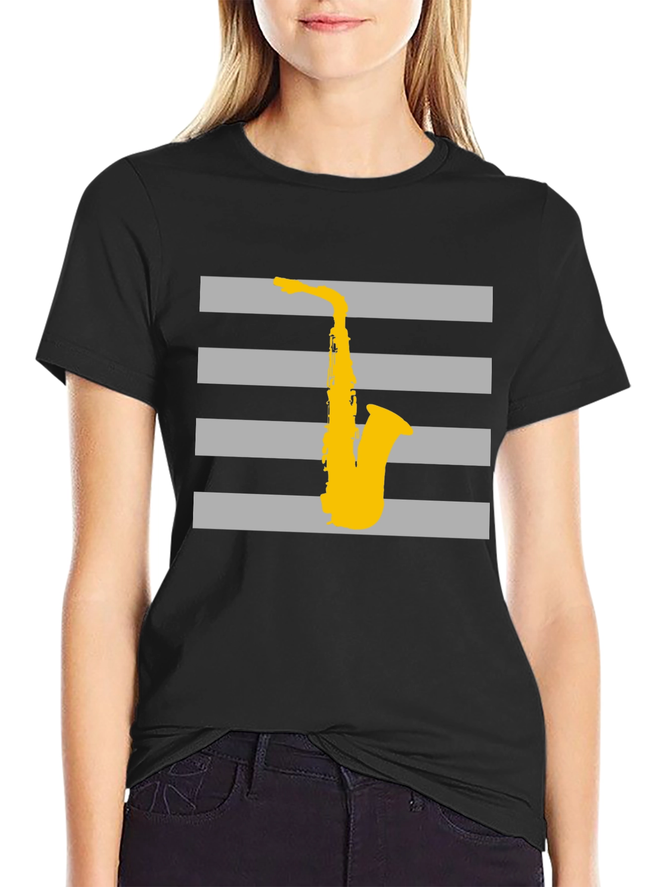 Striped Saxophone Graphic T-Shirt - Cool Music Lover Tee