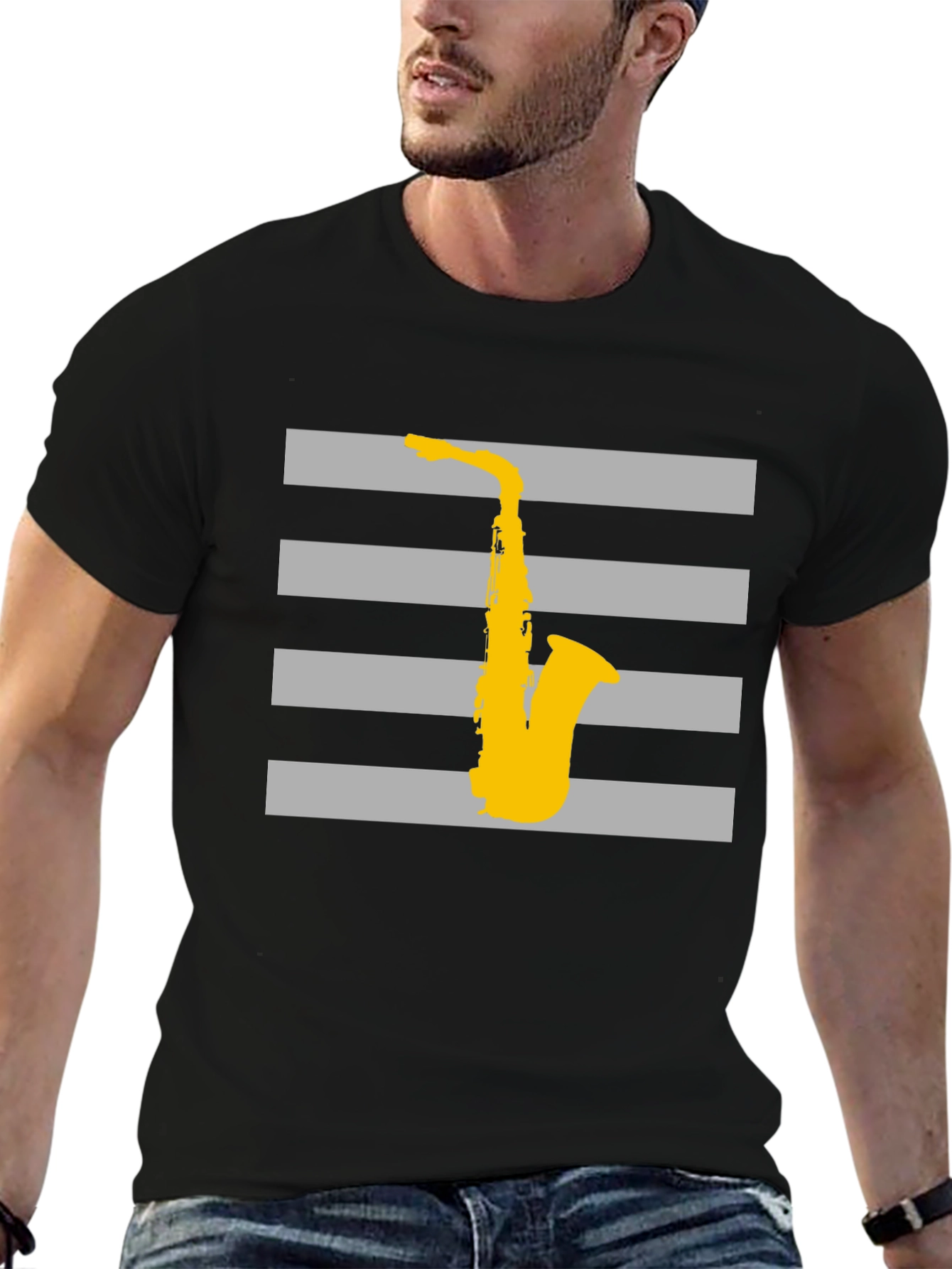 Striped Saxophone Graphic T-Shirt - Cool Music Lover Tee