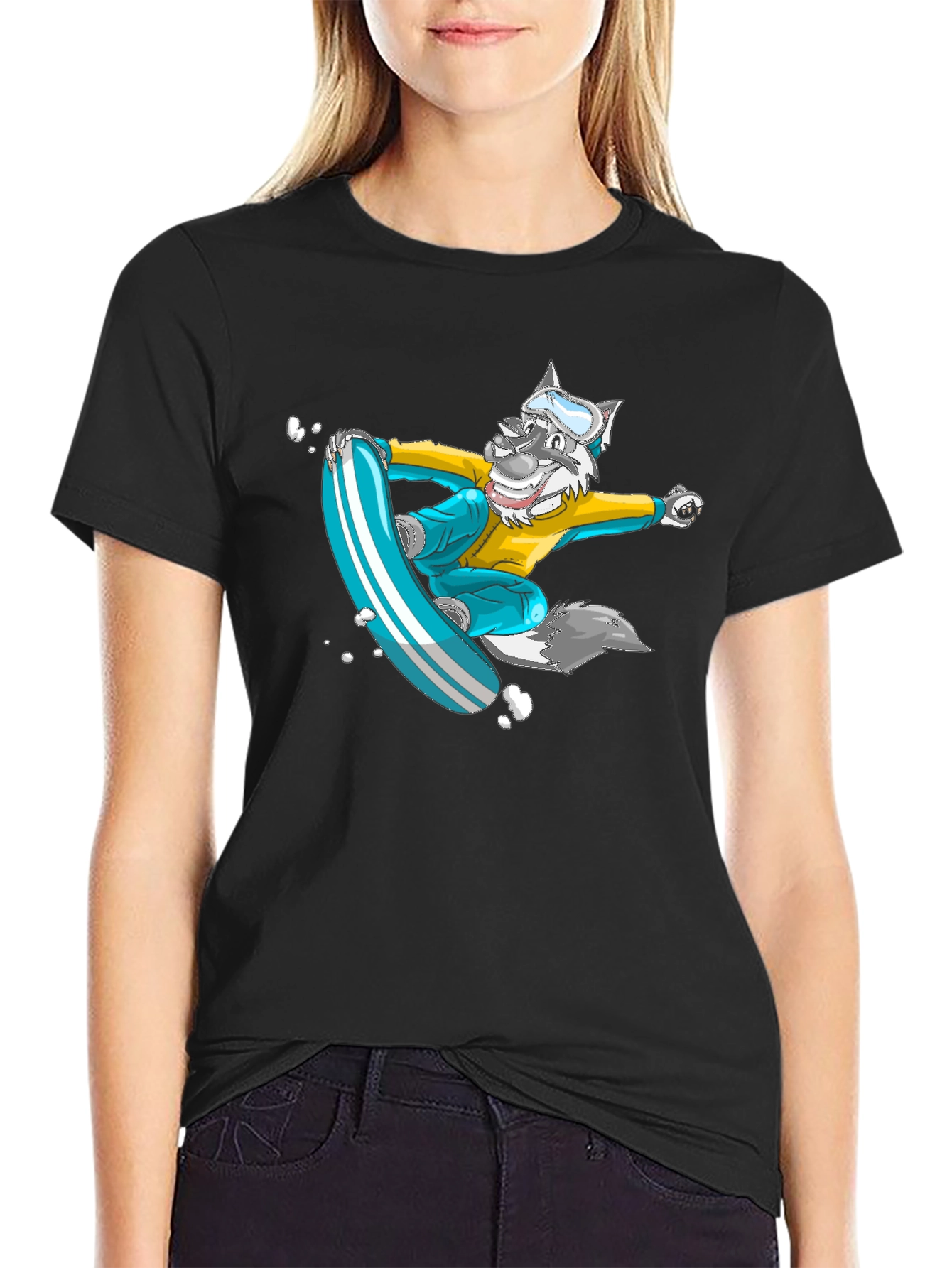 Snowboarding Wolf Graphic Tee - Cool Cartoon Design