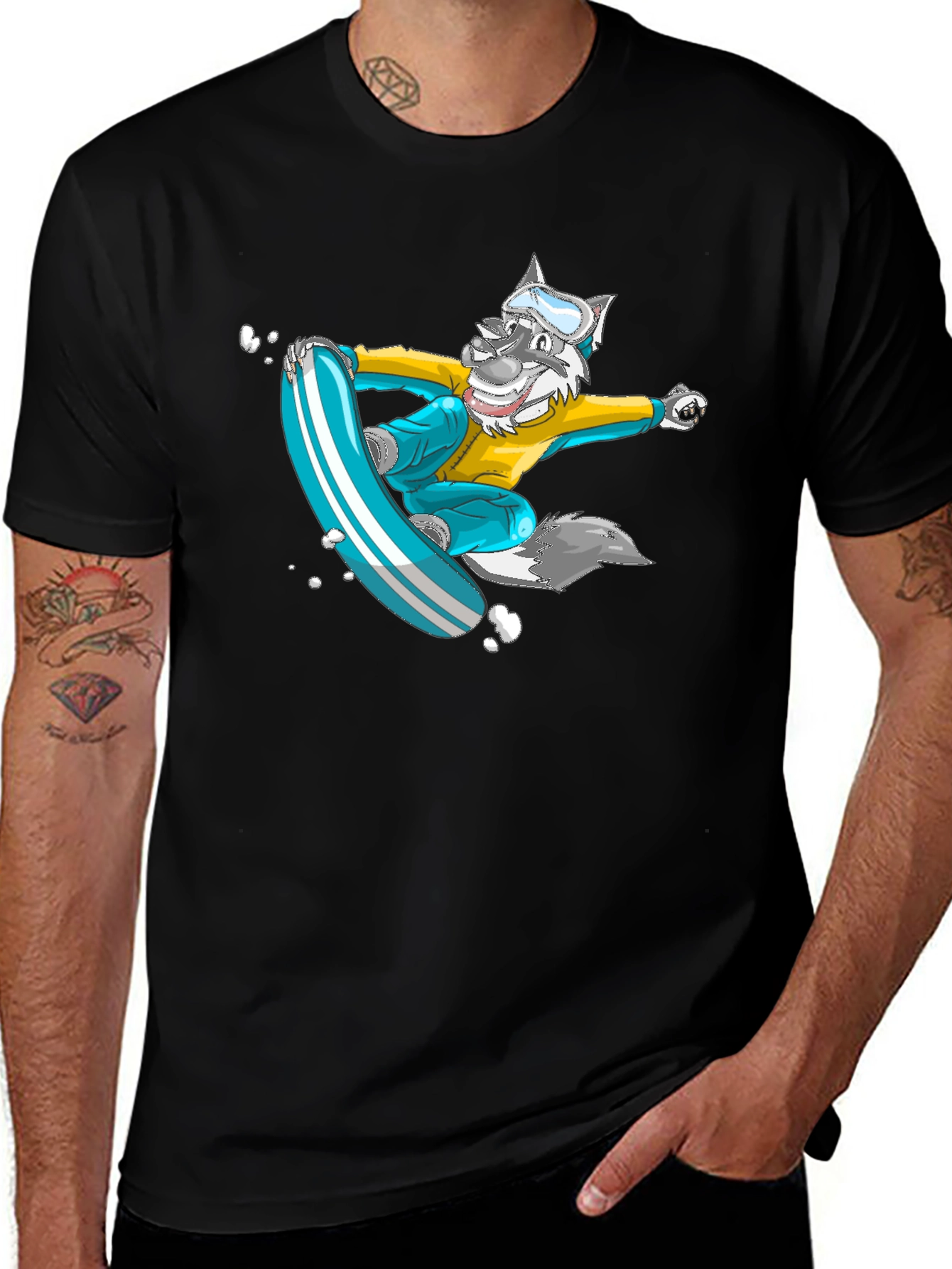 Snowboarding Wolf Graphic Tee - Cool Cartoon Design