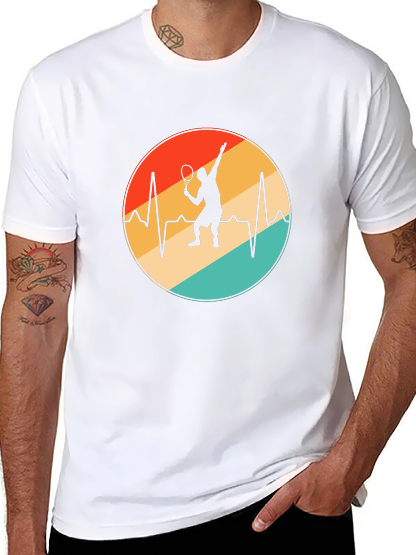 Tennis Heartbeat T-Shirt - Black Cotton Blend Casual Tee