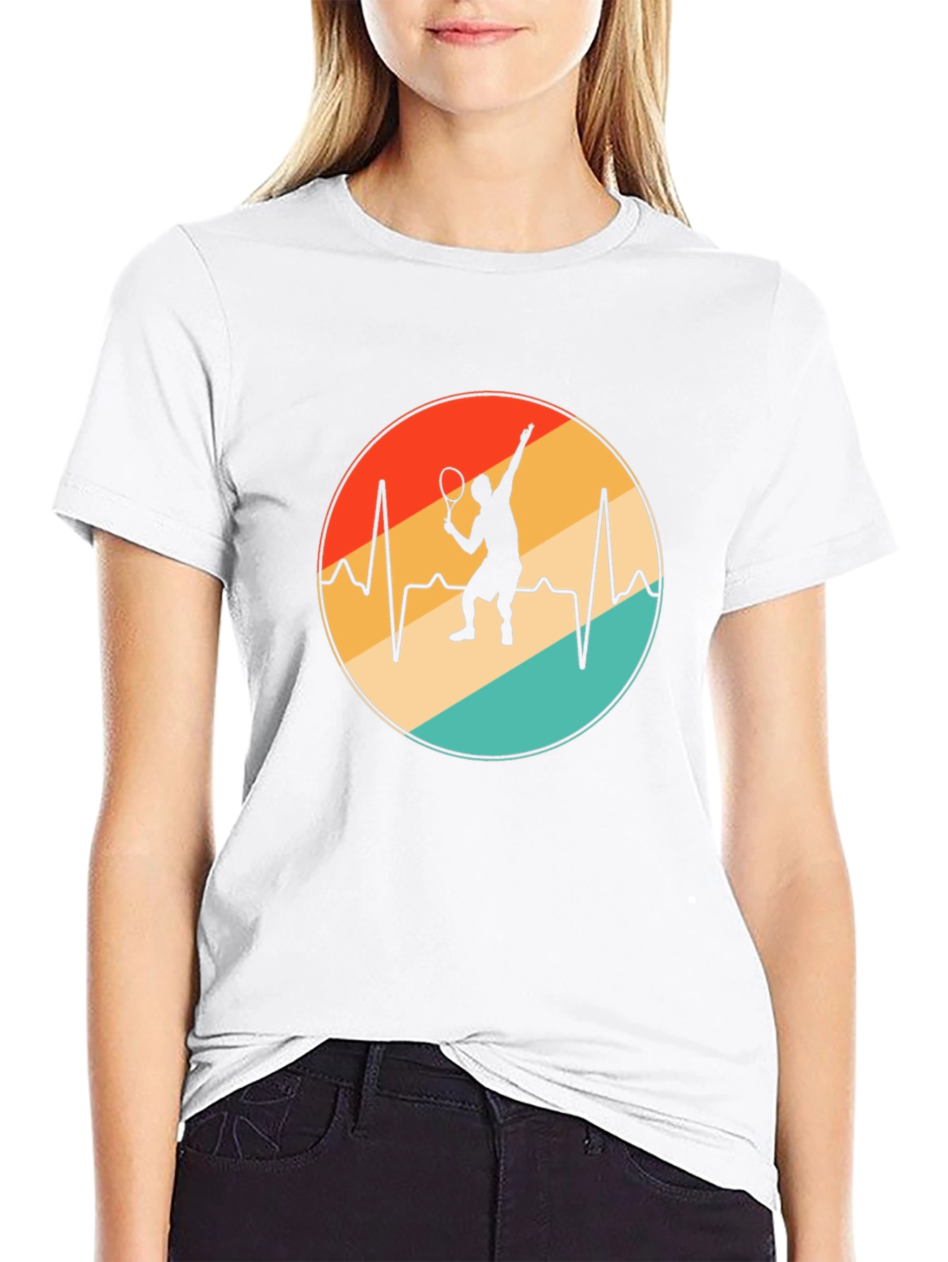 Tennis Heartbeat T-Shirt - Black Cotton Blend Casual Tee