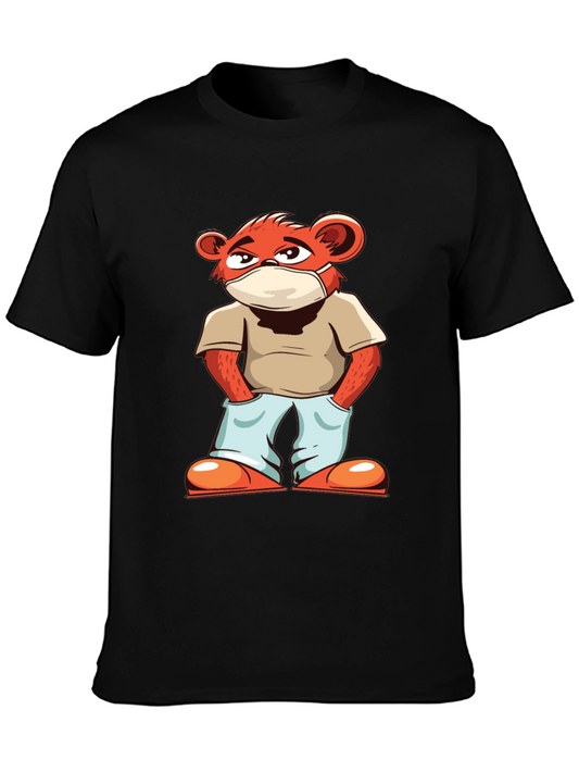 Cool Cartoon Bear with Mask Black T-Shirt