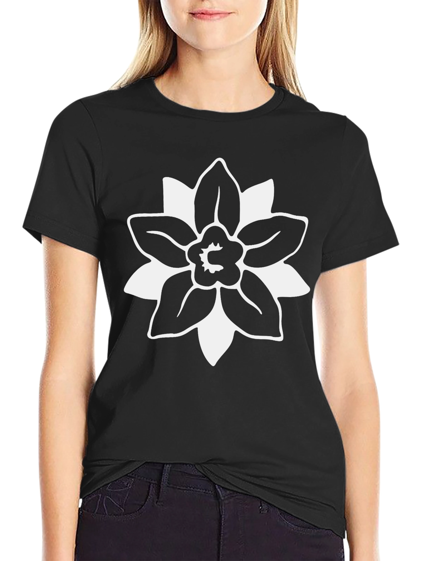 Black T-Shirt with White Floral Graphic