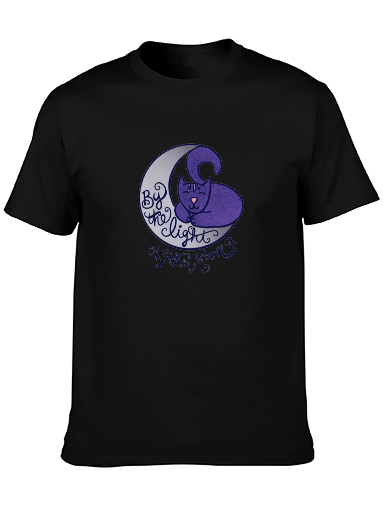 Cute Cat on Moon Graphic T-Shirt - Black