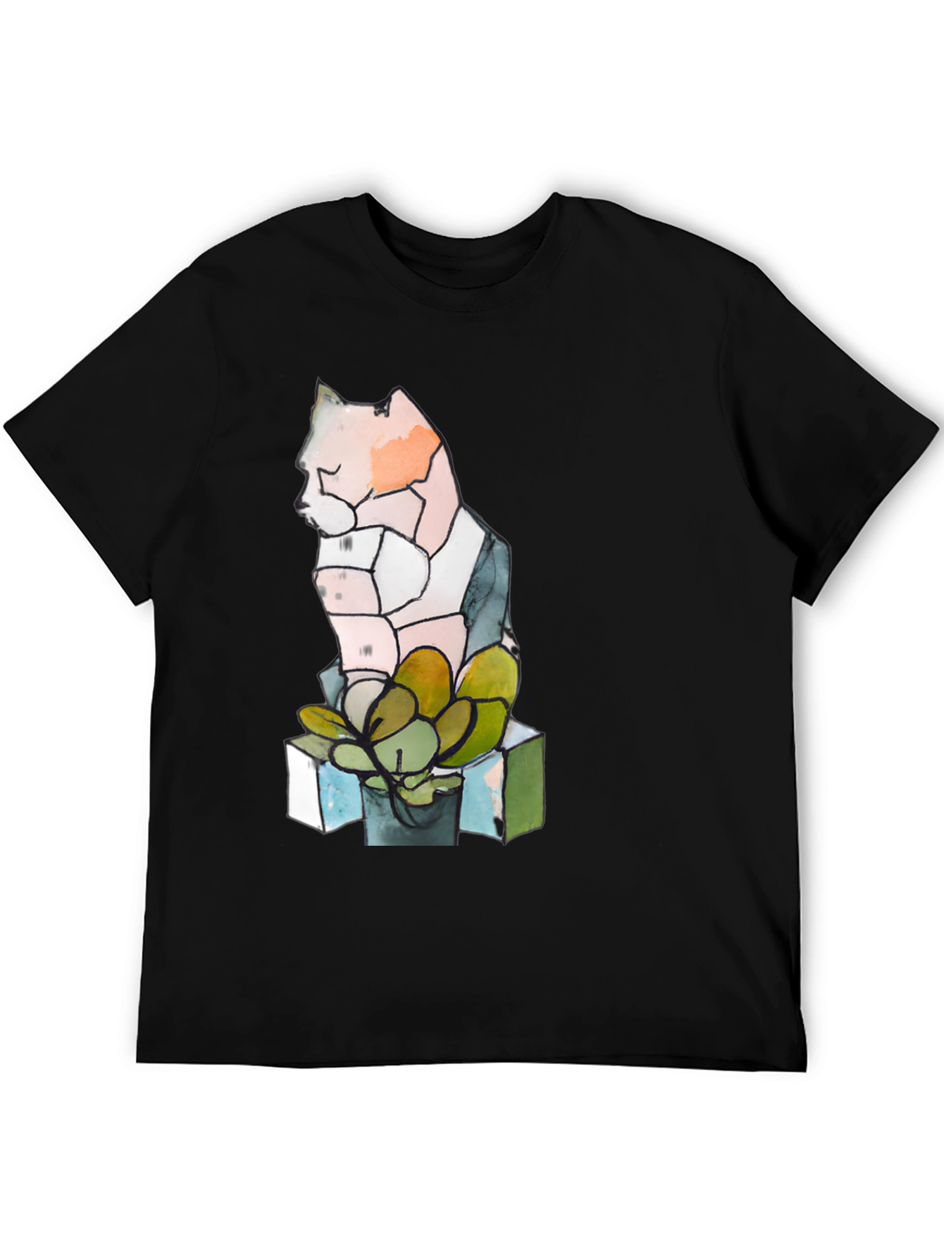 Abstract Cat & Succulent Graphic Black T-Shirt