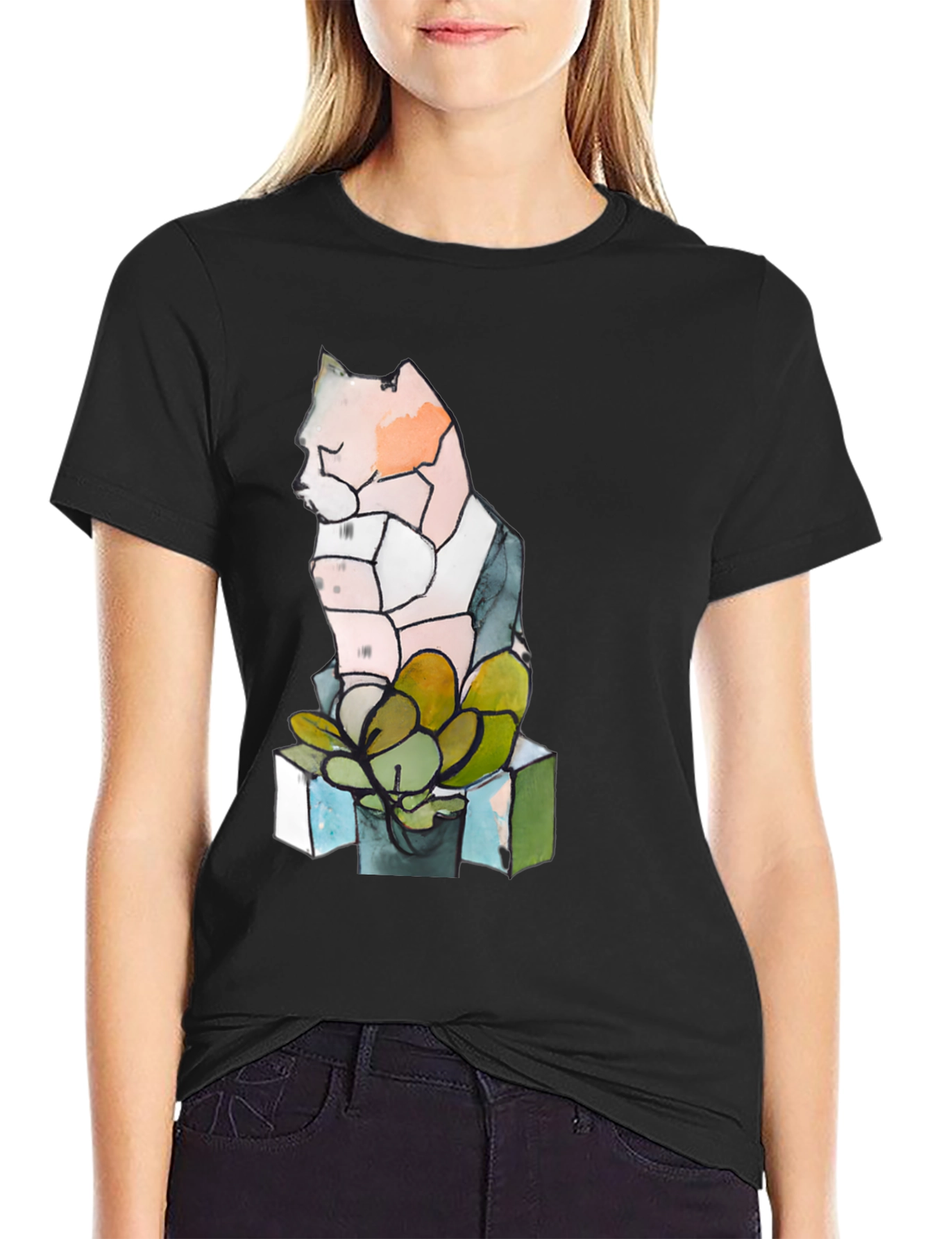 Abstract Cat & Succulent Graphic Black T-Shirt