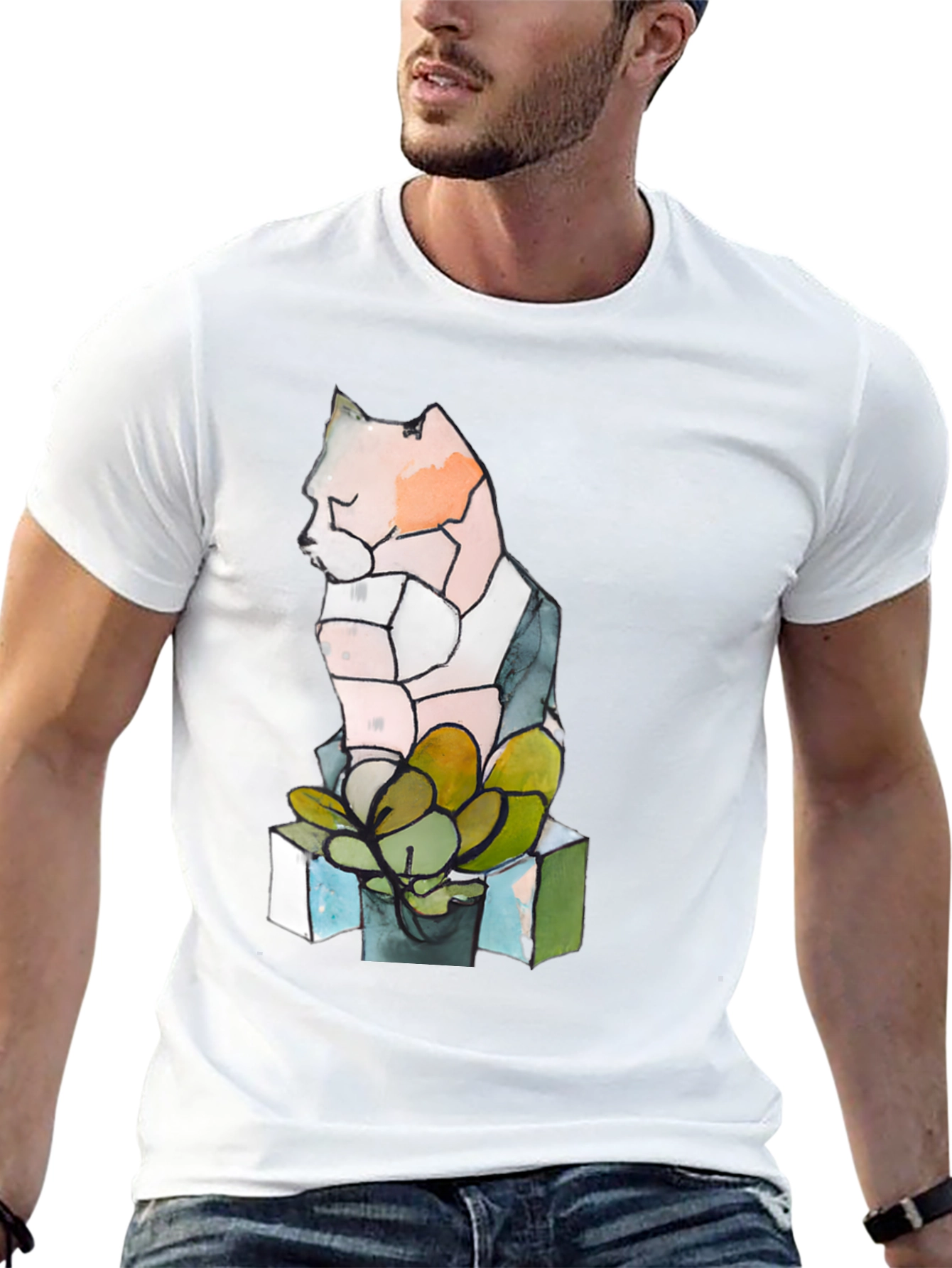Abstract Cat & Succulent Graphic Black T-Shirt