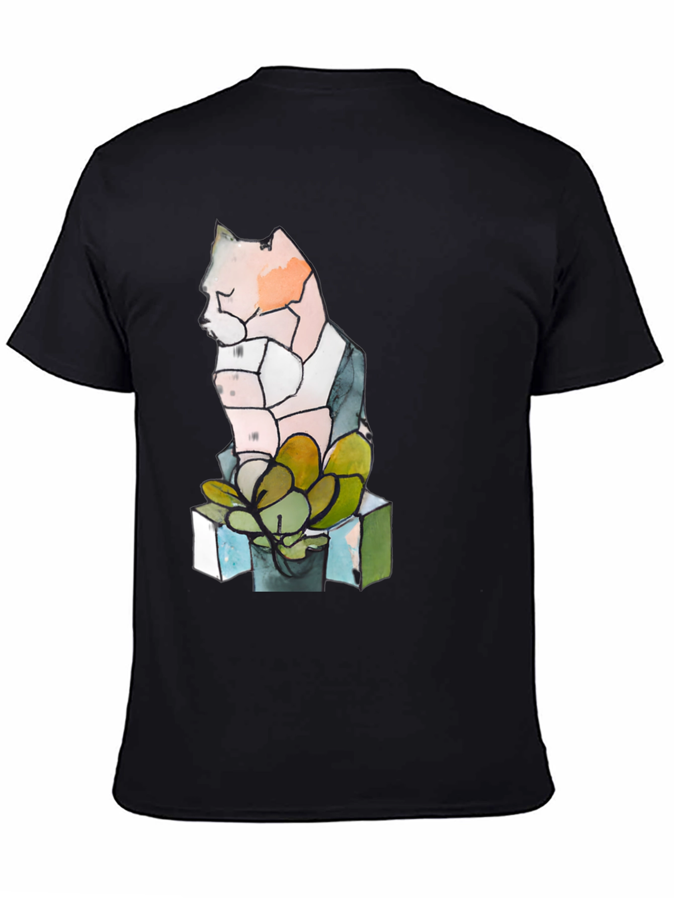 Abstract Cat & Succulent Graphic Black T-Shirt