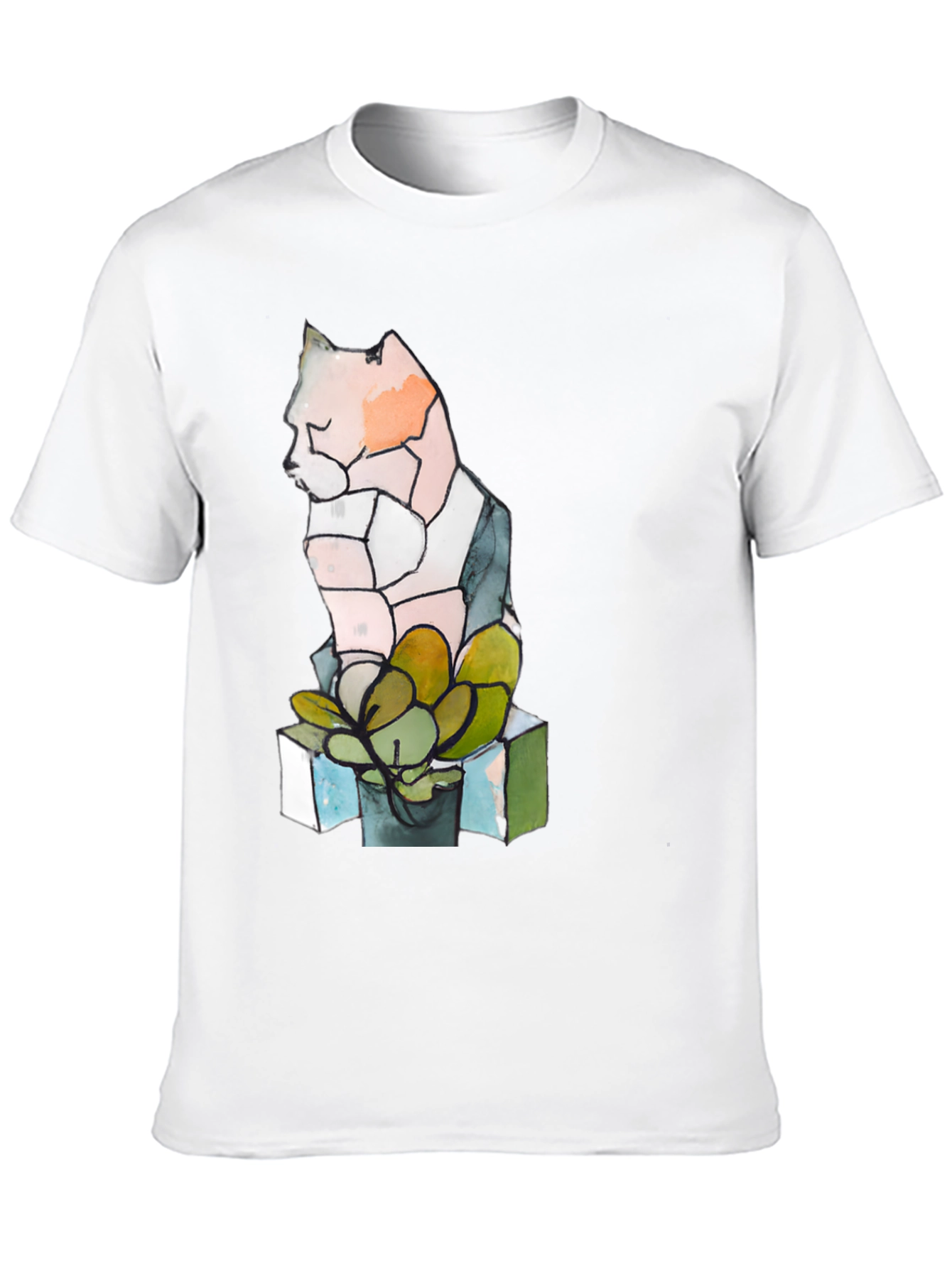 Abstract Cat & Succulent Graphic Black T-Shirt
