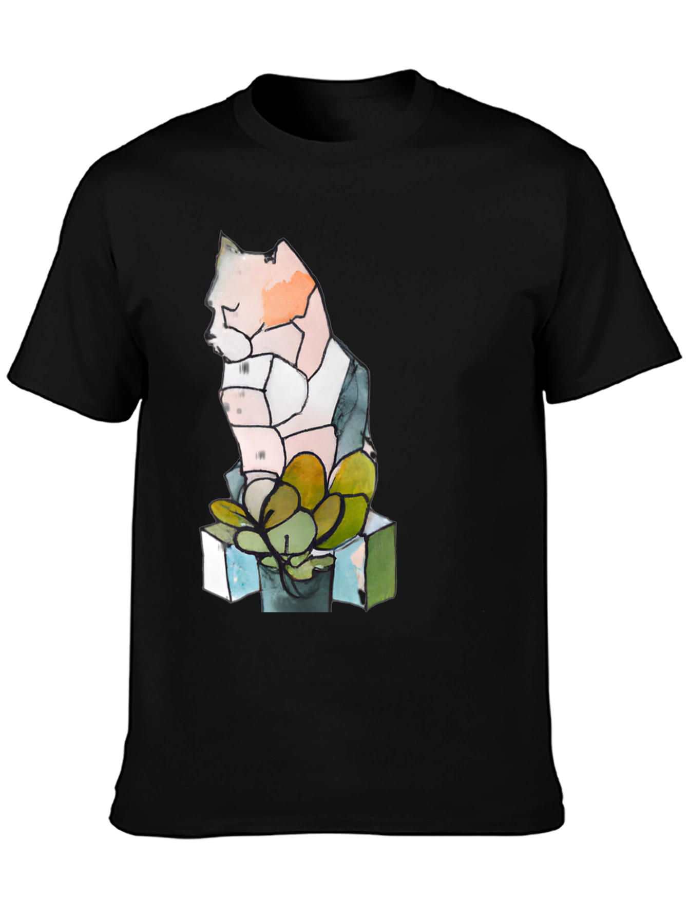 Abstract Cat & Succulent Graphic Black T-Shirt