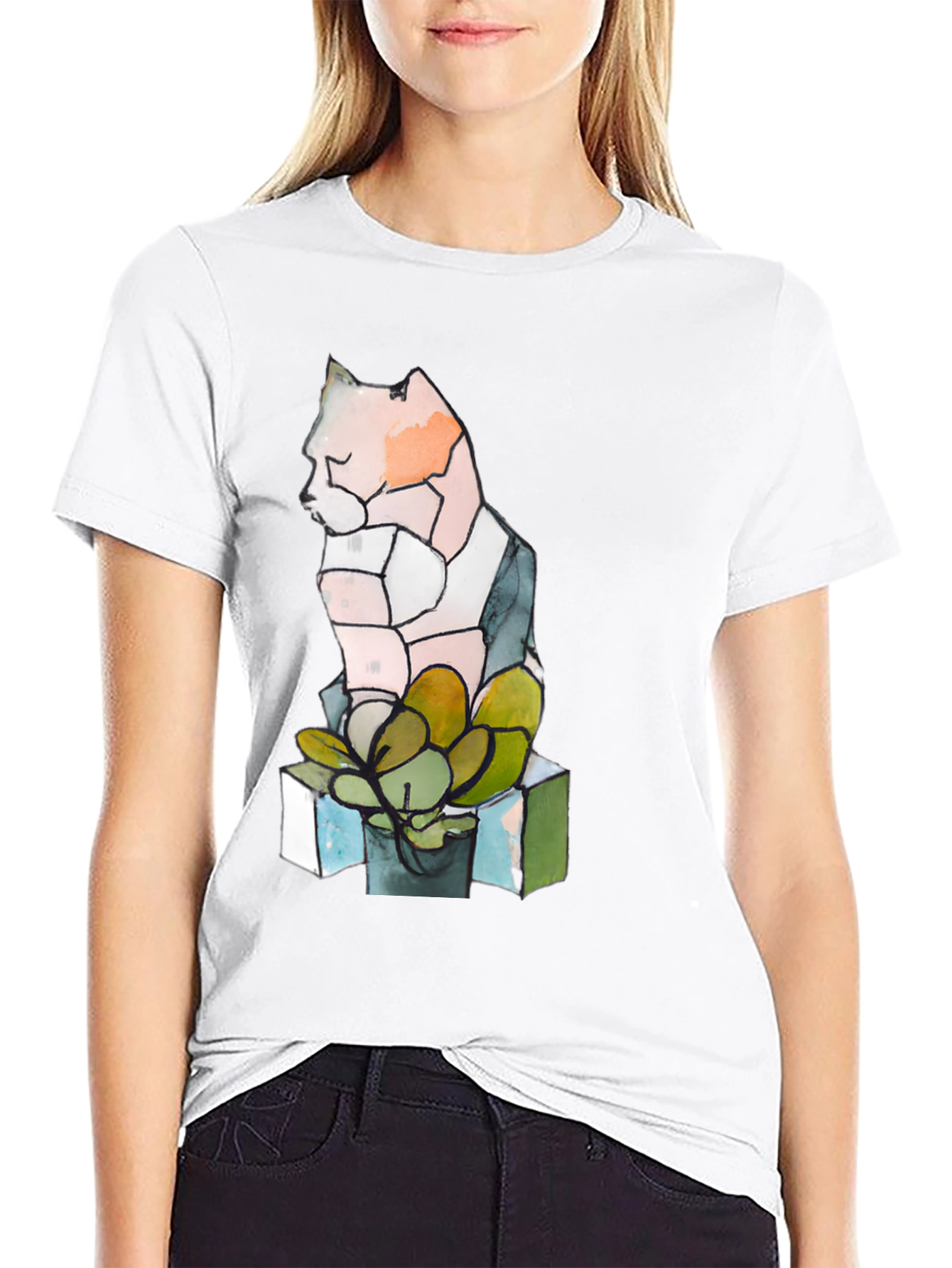 Abstract Cat & Succulent Graphic Black T-Shirt
