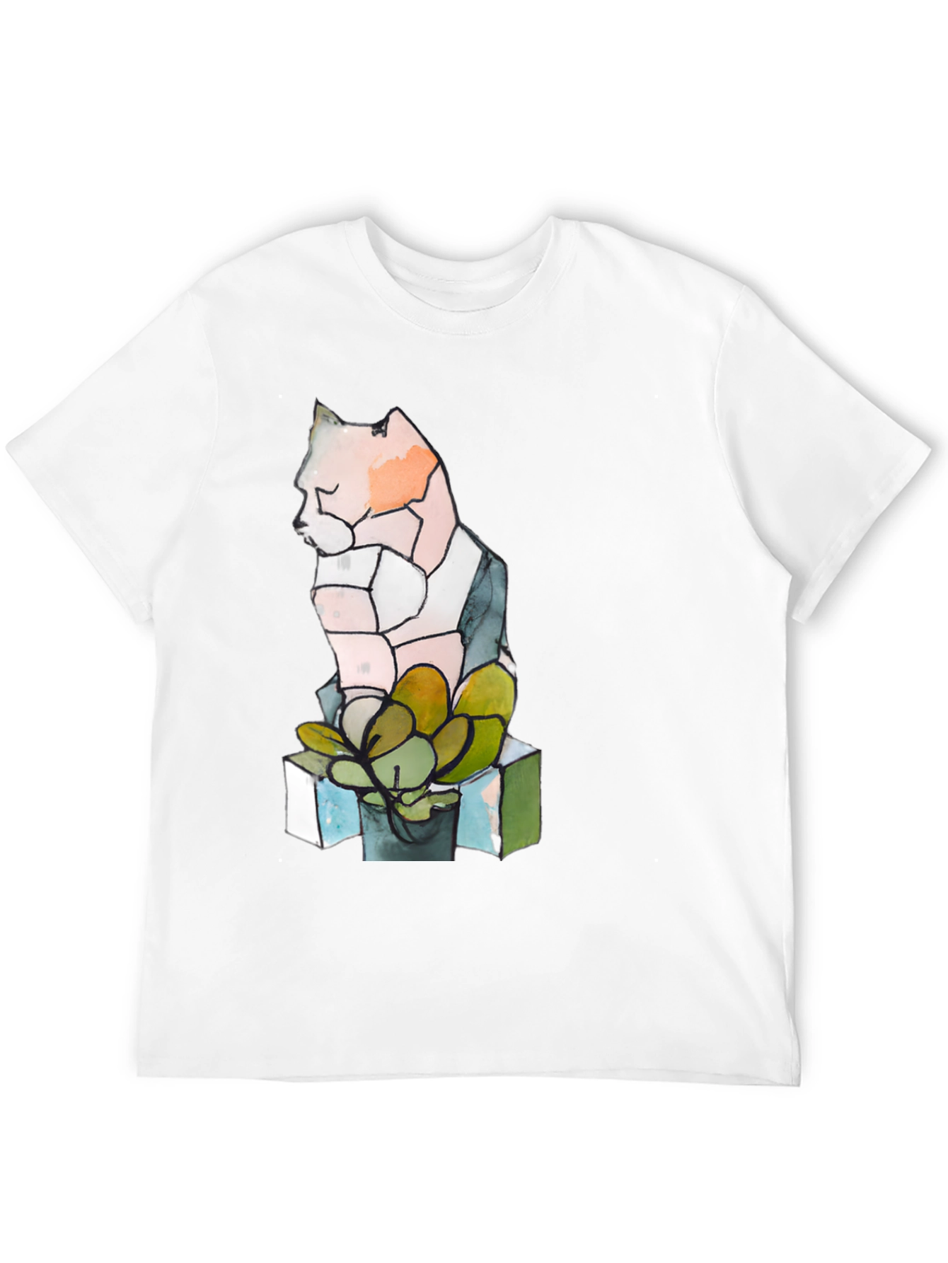 Abstract Cat & Succulent Graphic Black T-Shirt