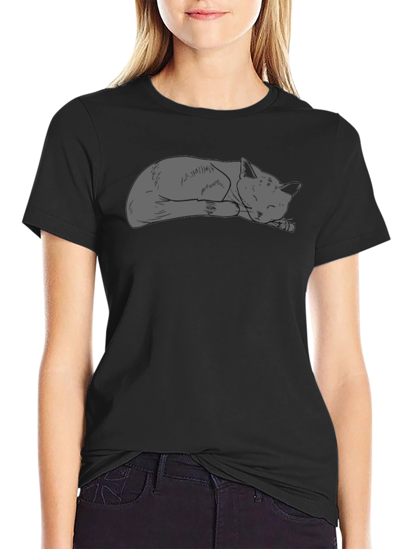 Sleeping Cat Graphic Tee - Black Casual T-Shirt