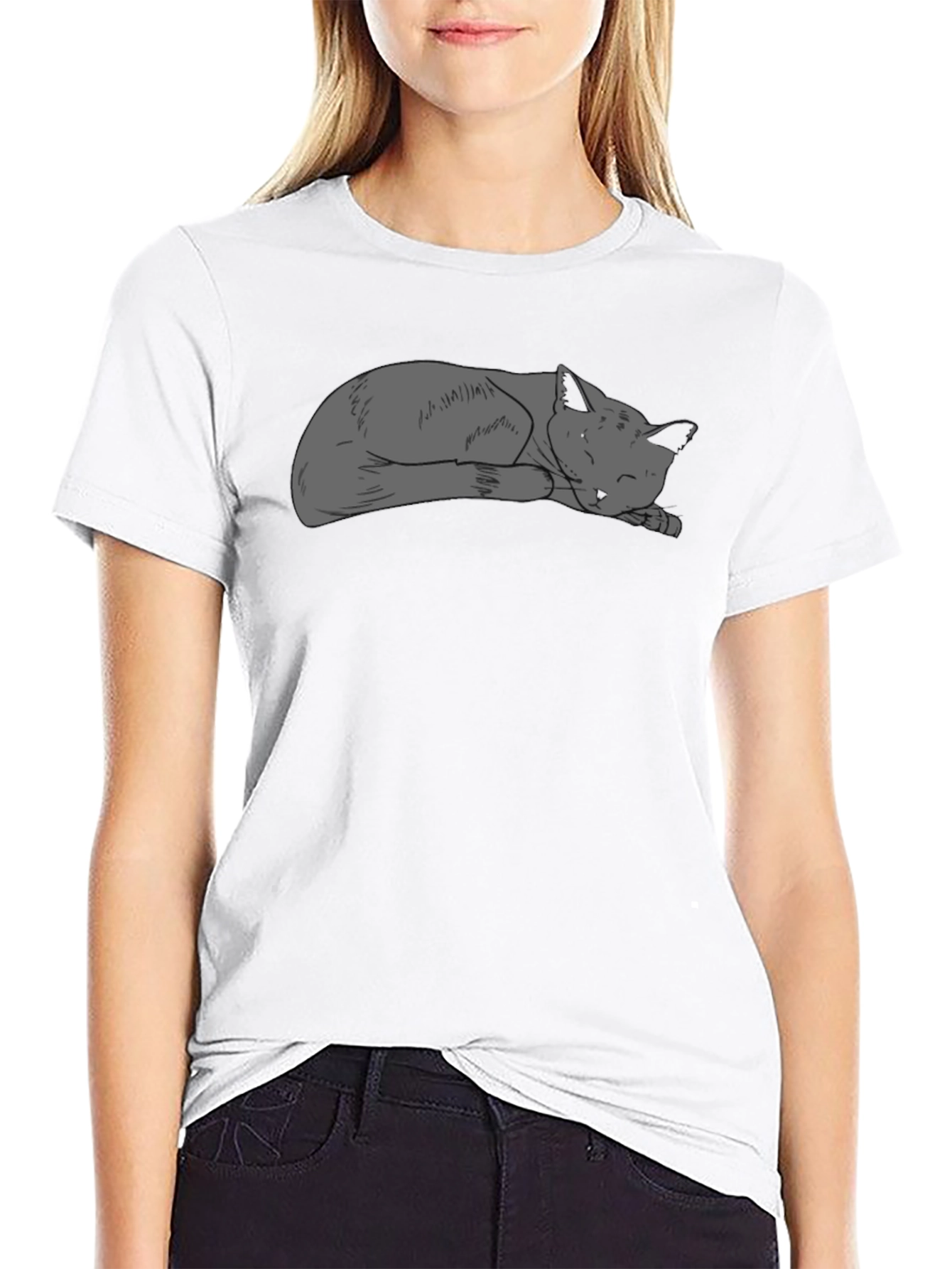 Sleeping Cat Graphic Tee - Black Casual T-Shirt