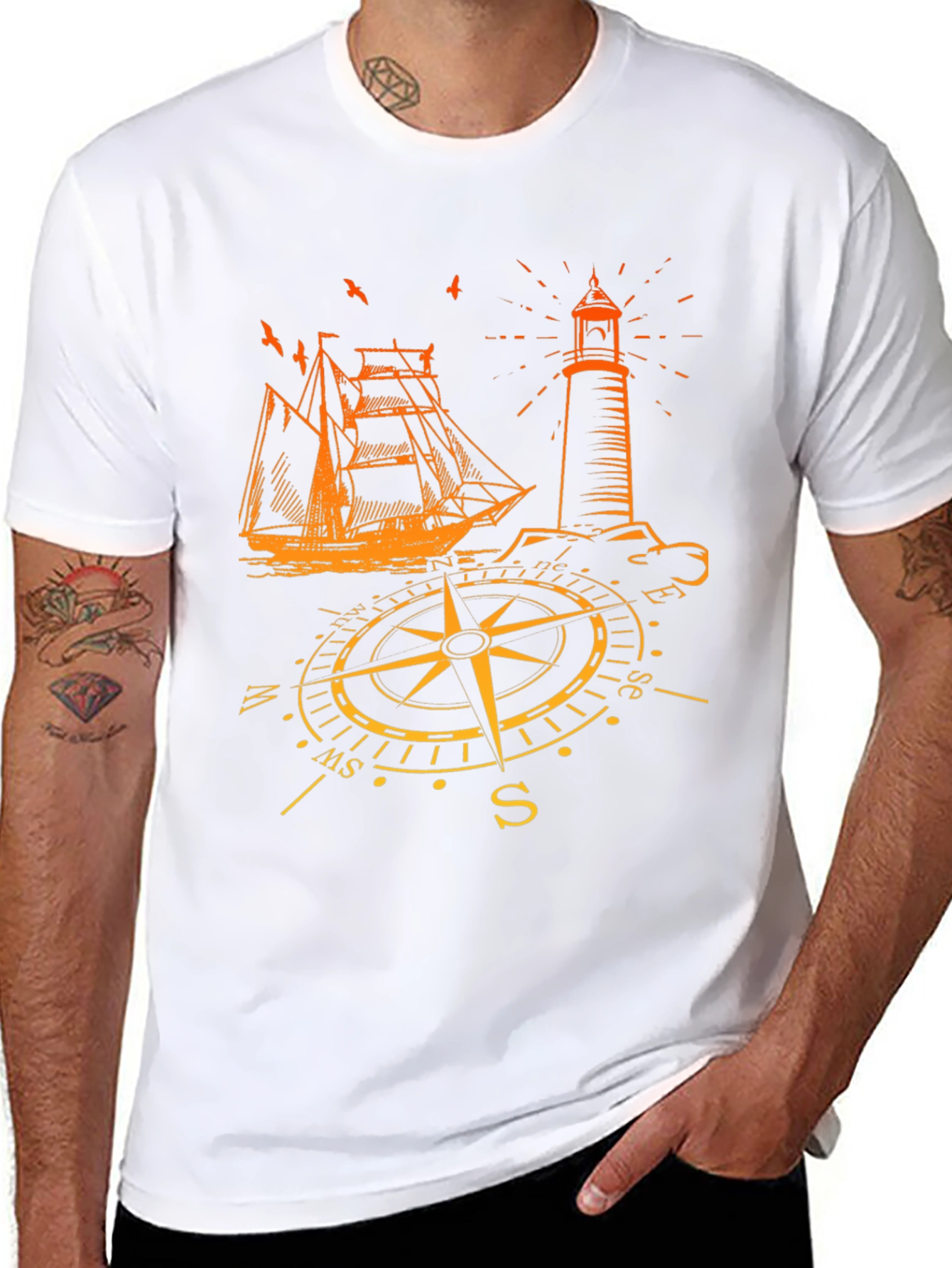 Nautical Compass Lighthouse & Ship Graphic Tee