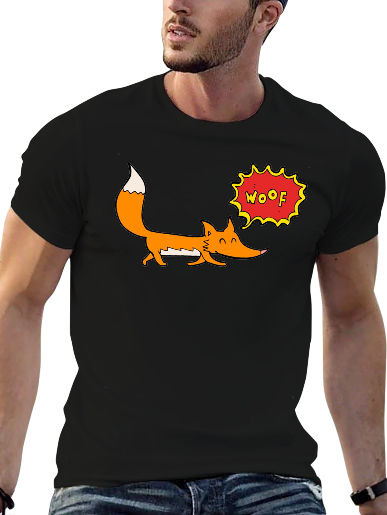 Cartoon Fox Woof Graphic T-Shirt - Black