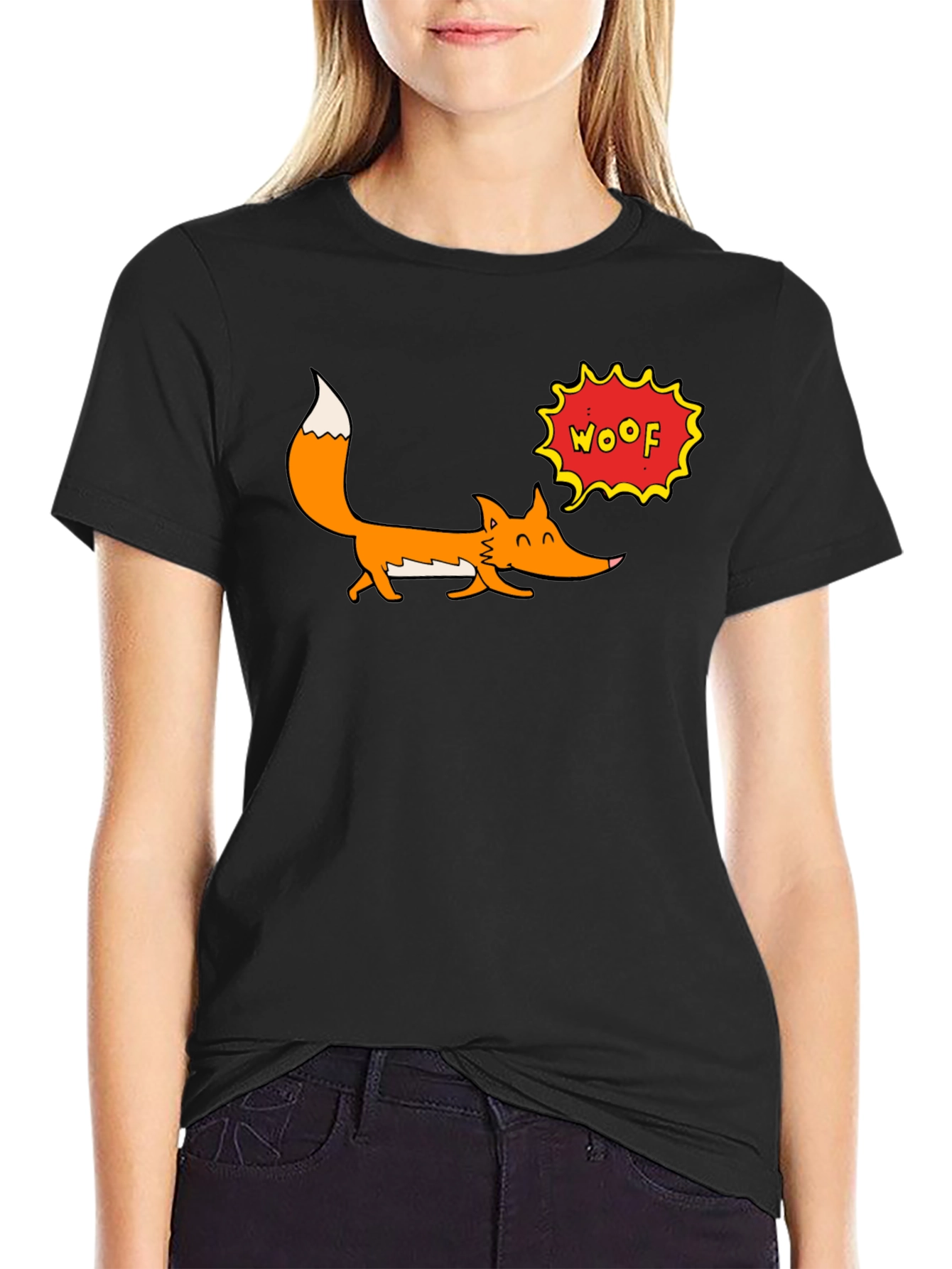 Cartoon Fox Woof Graphic T-Shirt - Black