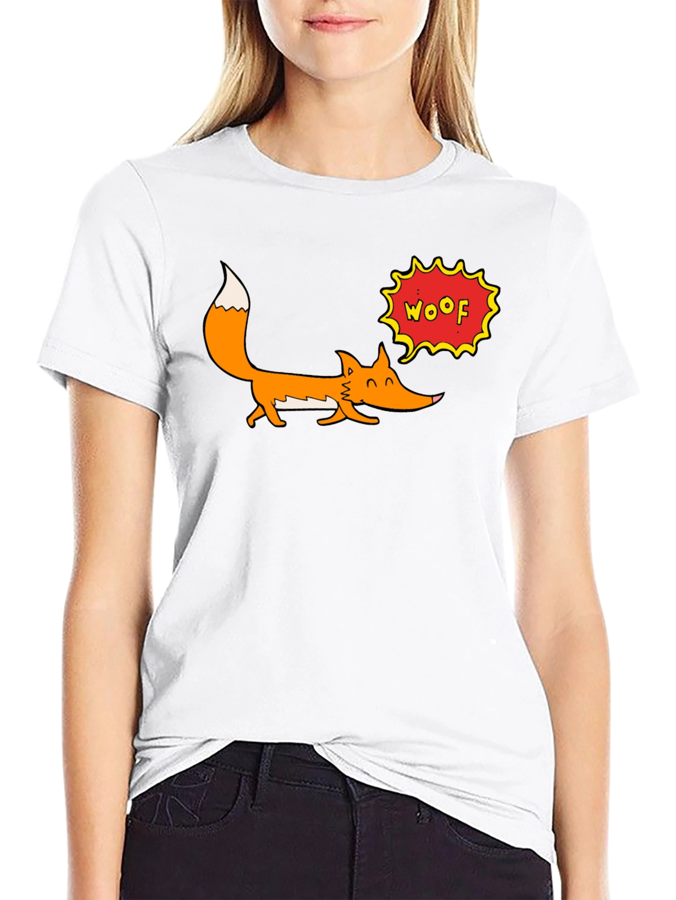 Cartoon Fox Woof Graphic T-Shirt - Black