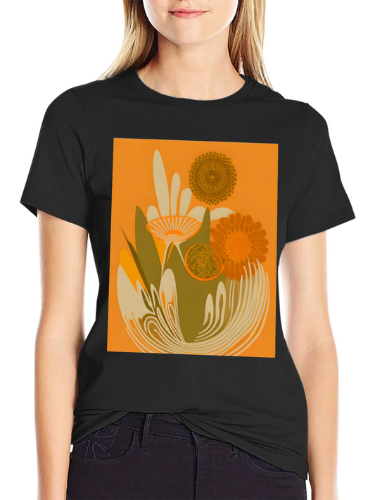 Retro Floral Graphic Tee - Black Cotton T-Shirt