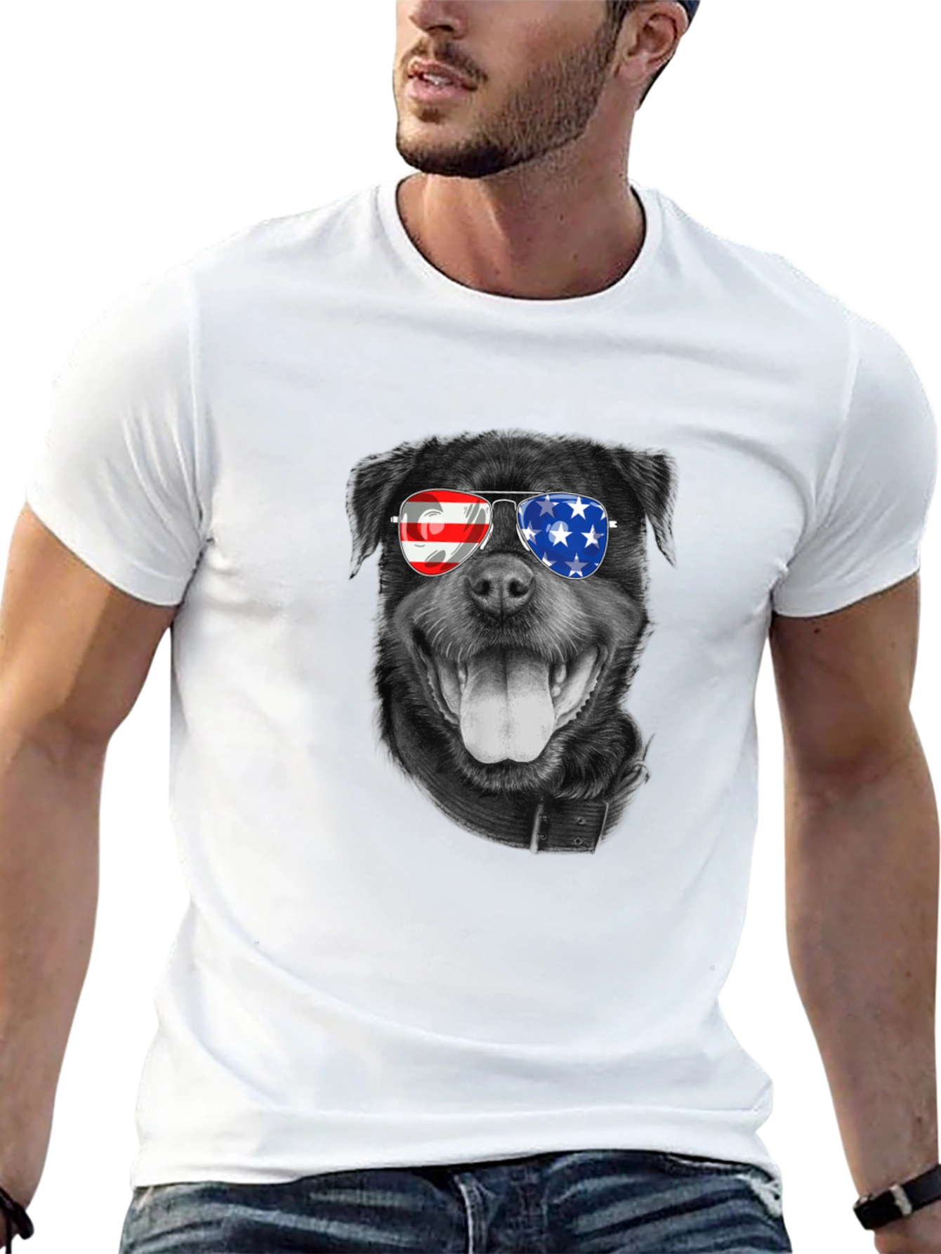 Patriotic Rottweiler T-Shirt - American Flag Sunglasses