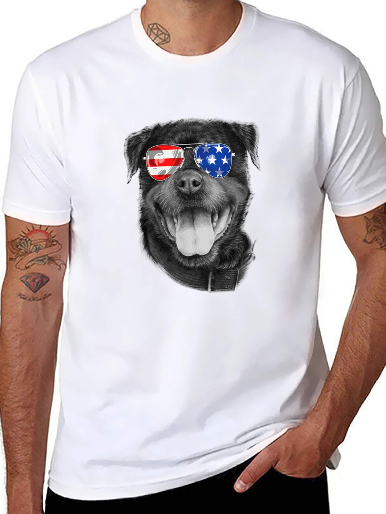 Patriotic Rottweiler T-Shirt - American Flag Sunglasses