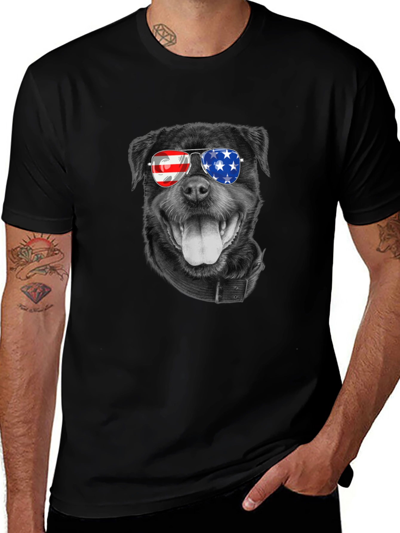 Patriotic Rottweiler T-Shirt - American Flag Sunglasses