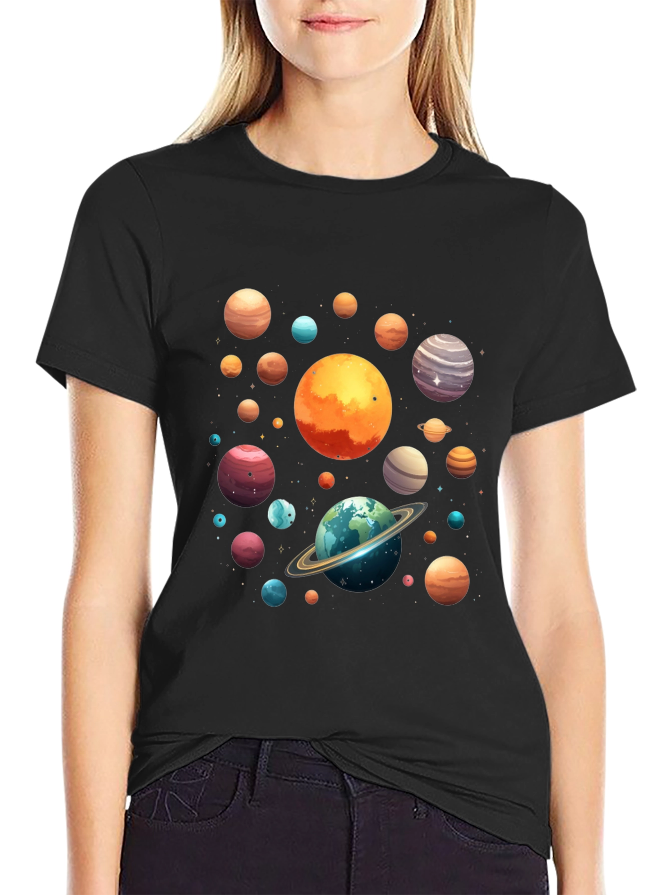 Planets Graphic Print Black T-Shirt