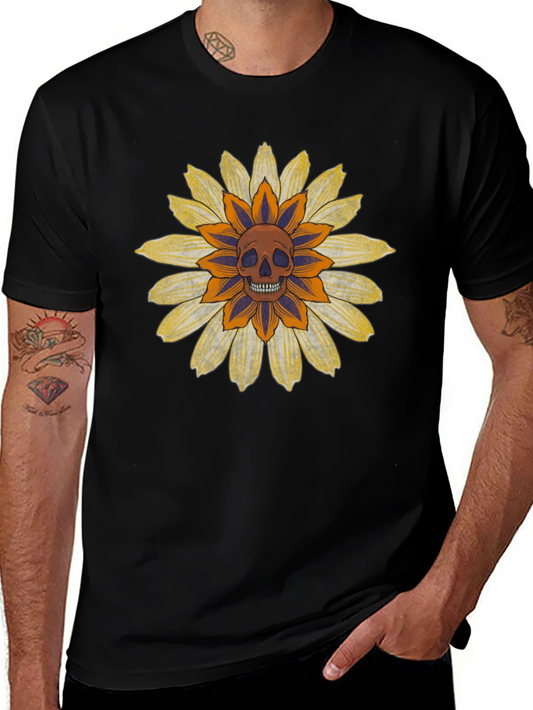 Skull Flower Graphic Tee - Black Cotton Blend Casual Shirt