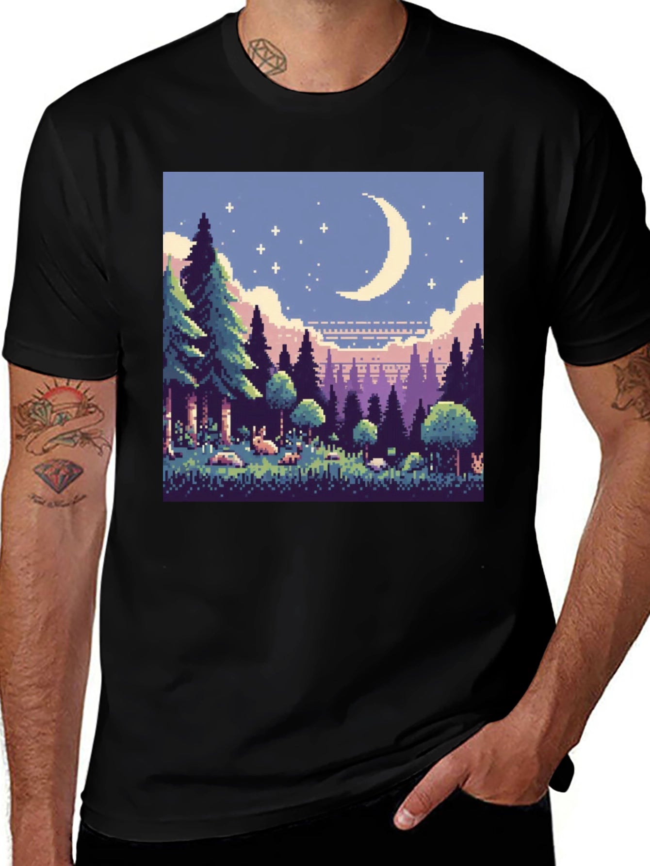 Pixel Art Moonlit Forest Black T-Shirt