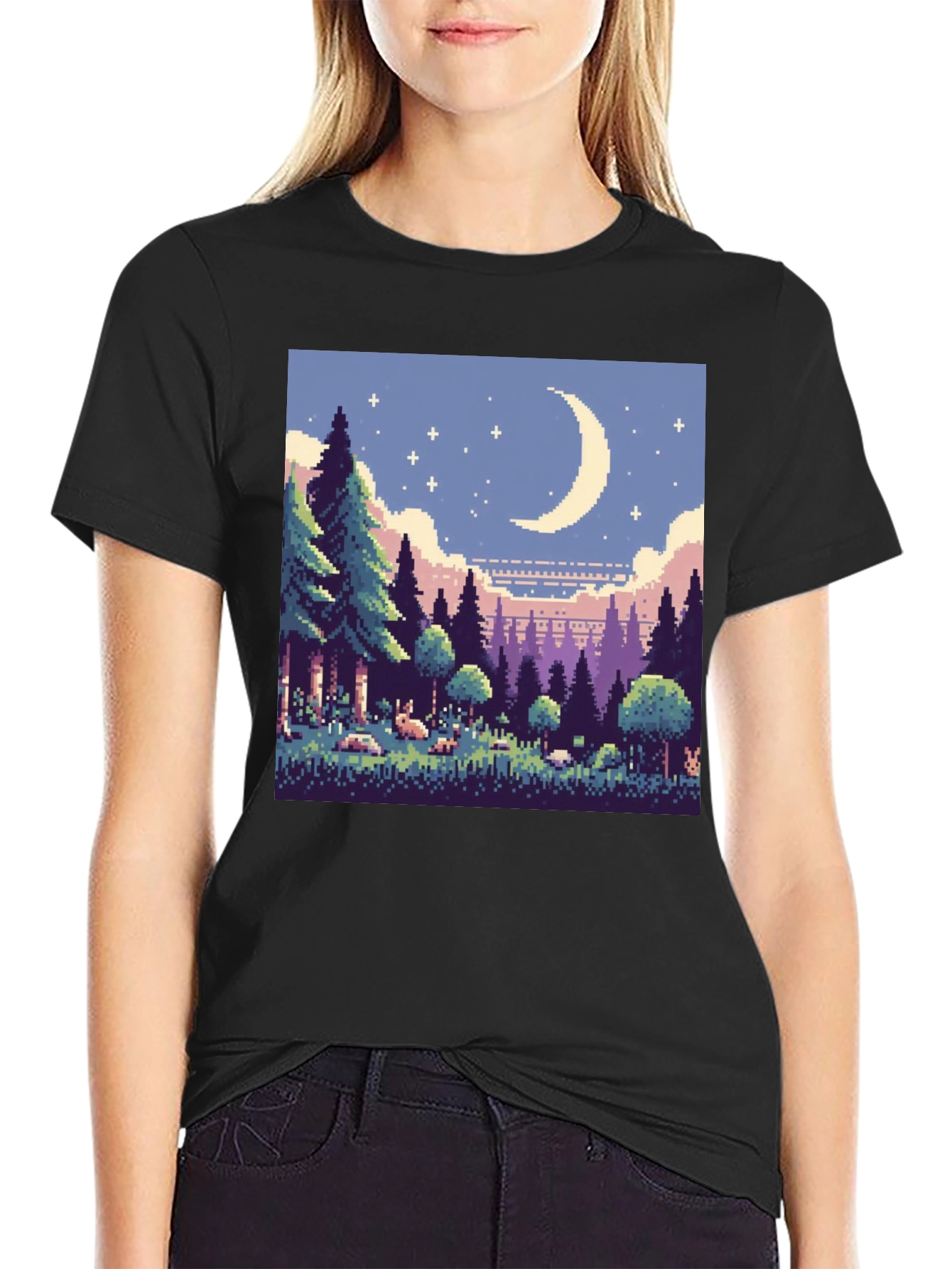 Pixel Art Moonlit Forest Black T-Shirt