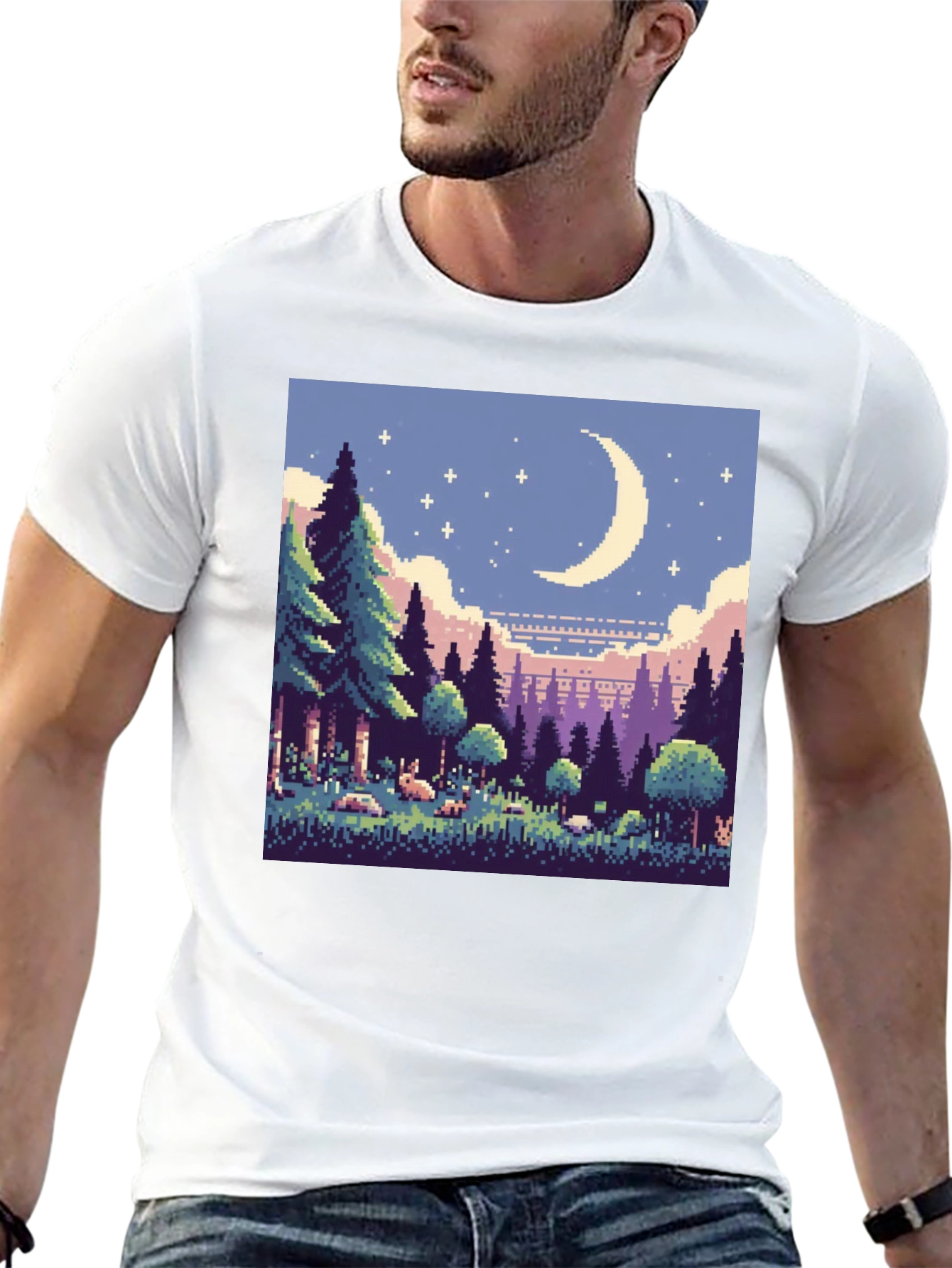 Pixel Art Moonlit Forest Black T-Shirt