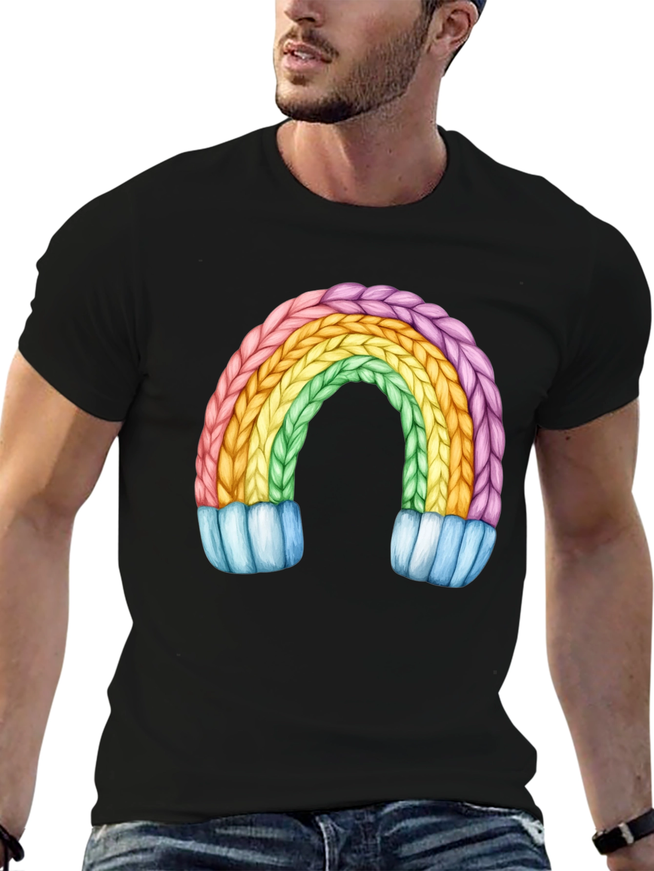 Rainbow Knit Design Black T-Shirt